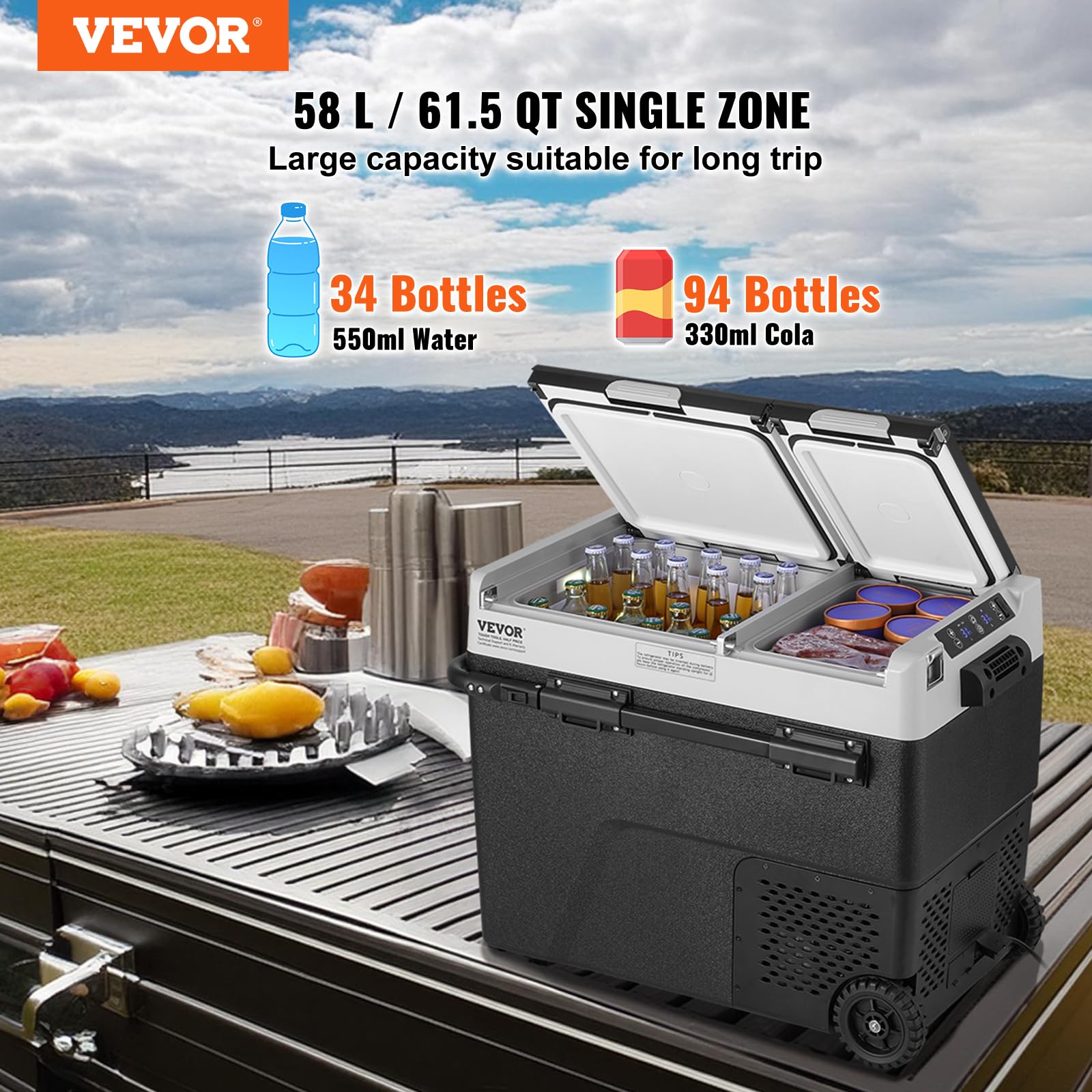 VEVOR Portable Car Refrigerator, 12 Volt Car Refrigerator Fridge, 58 L / 61.5 QT Dual Zone Portable Freezer, -4?-68? Adjustable Temperature, Compressor Cooler for Home, Outdoor, Camping, RV, Car