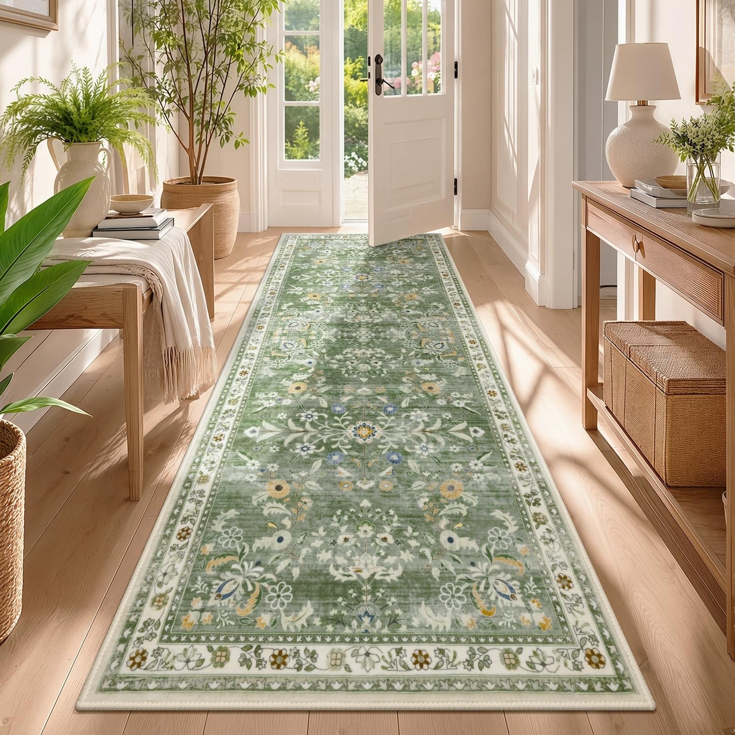 Homodeco Hallway Runner Rug Boho Floral Non Slip Long, Green, 80 x 200cm