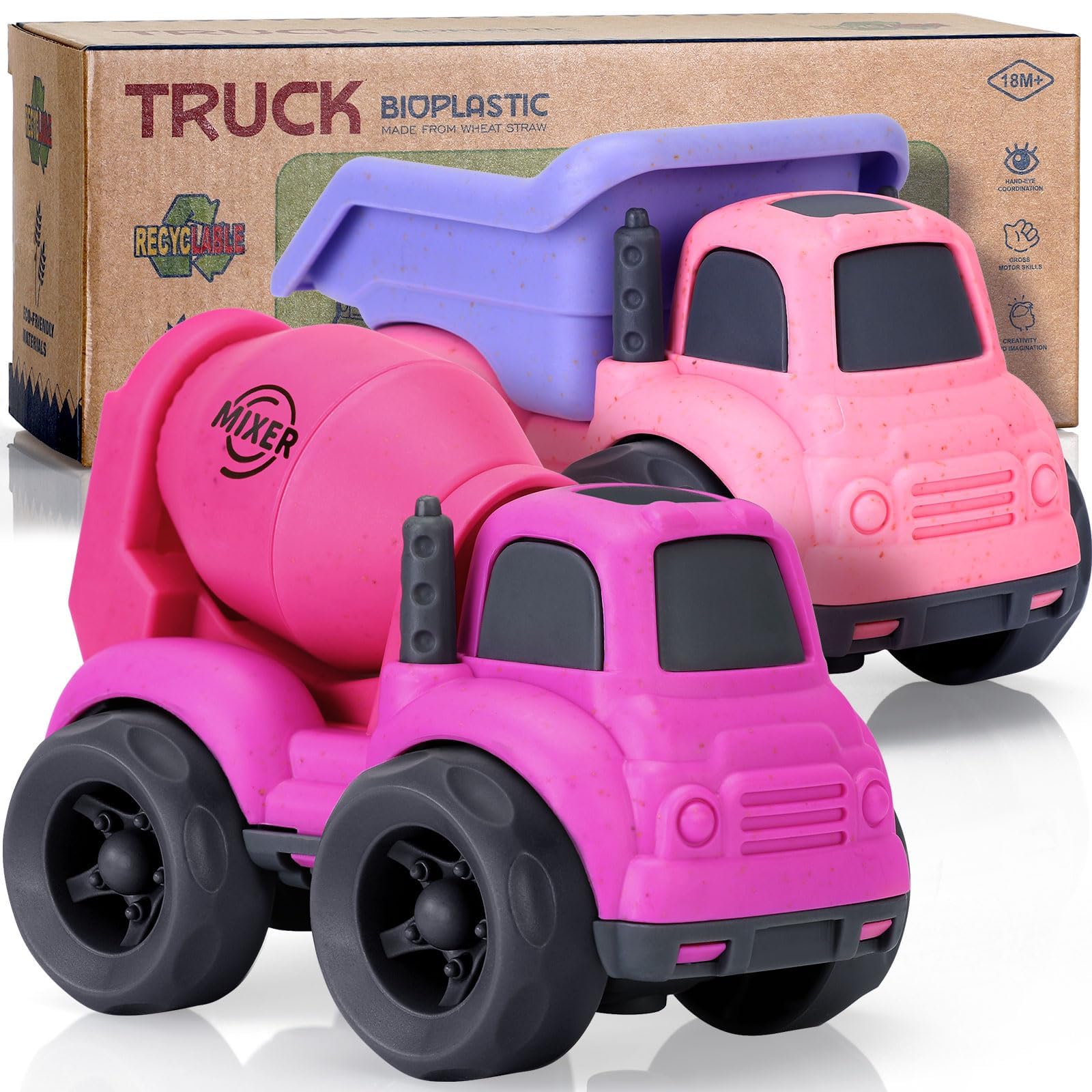 Giochi Bambini 1-3 Anni | Camion Costruzione (Betoniere + Autocarro) – Giocattolo Ecologico in Paglia Naturale e Plastica Riciclata | Ideale per Spiaggia, Giardino e Sabbia | Facile da Lavare （Rosa）