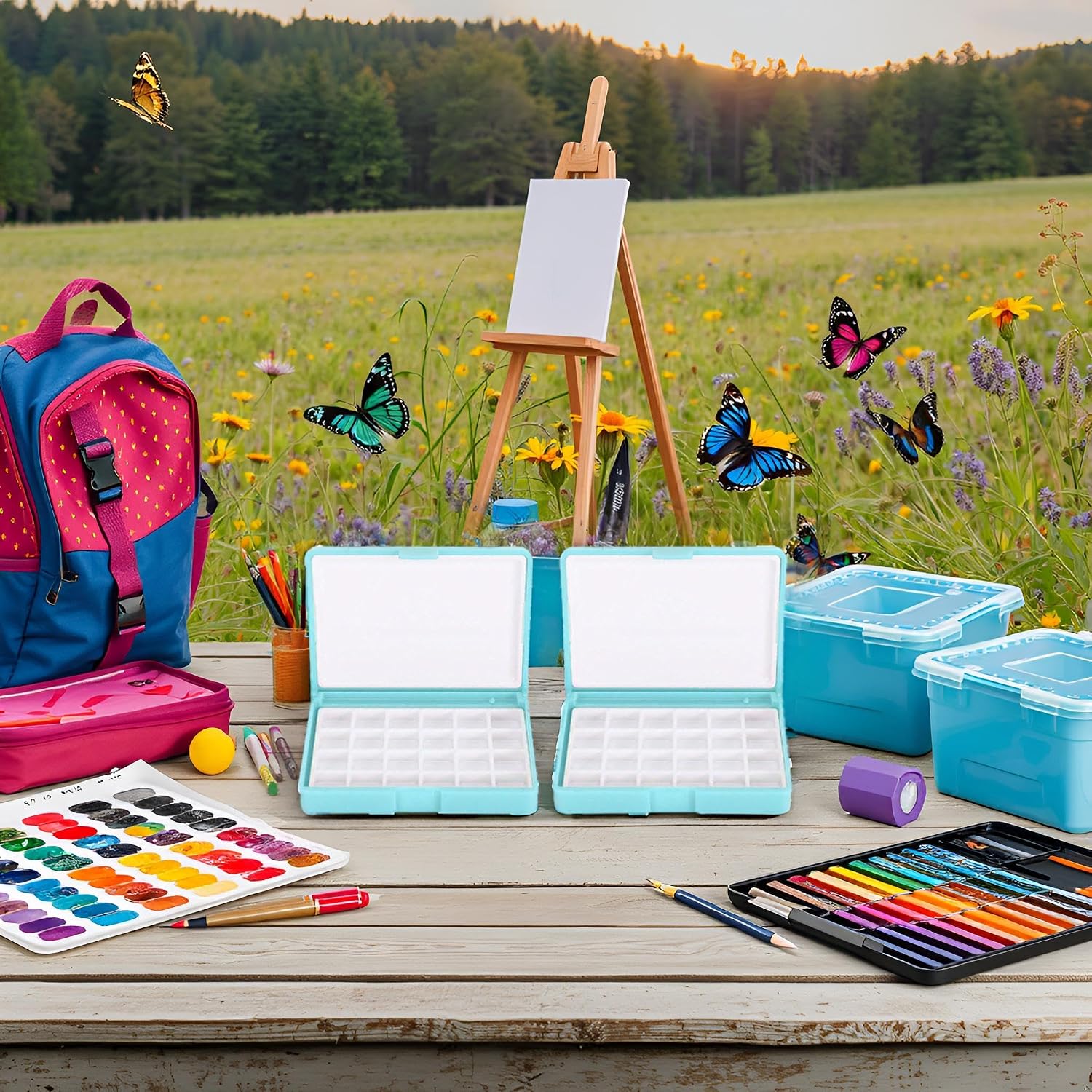 Pssopp Empty Watercolor Palette Box, Portable Multi Compartment Paint Storage Organizer with Palettes for Travel Outdoor Sketching Plastic Blue 24 Grids 2 Pack image 4
