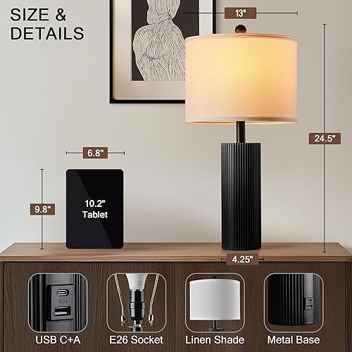 Miniatura 2 de Juego de 2 lámparas negras de 24.5 pulgadas, modernas lámparas de mesa para sala de estar con puertos USB C+A, lámparas táctiles creativas a rayas