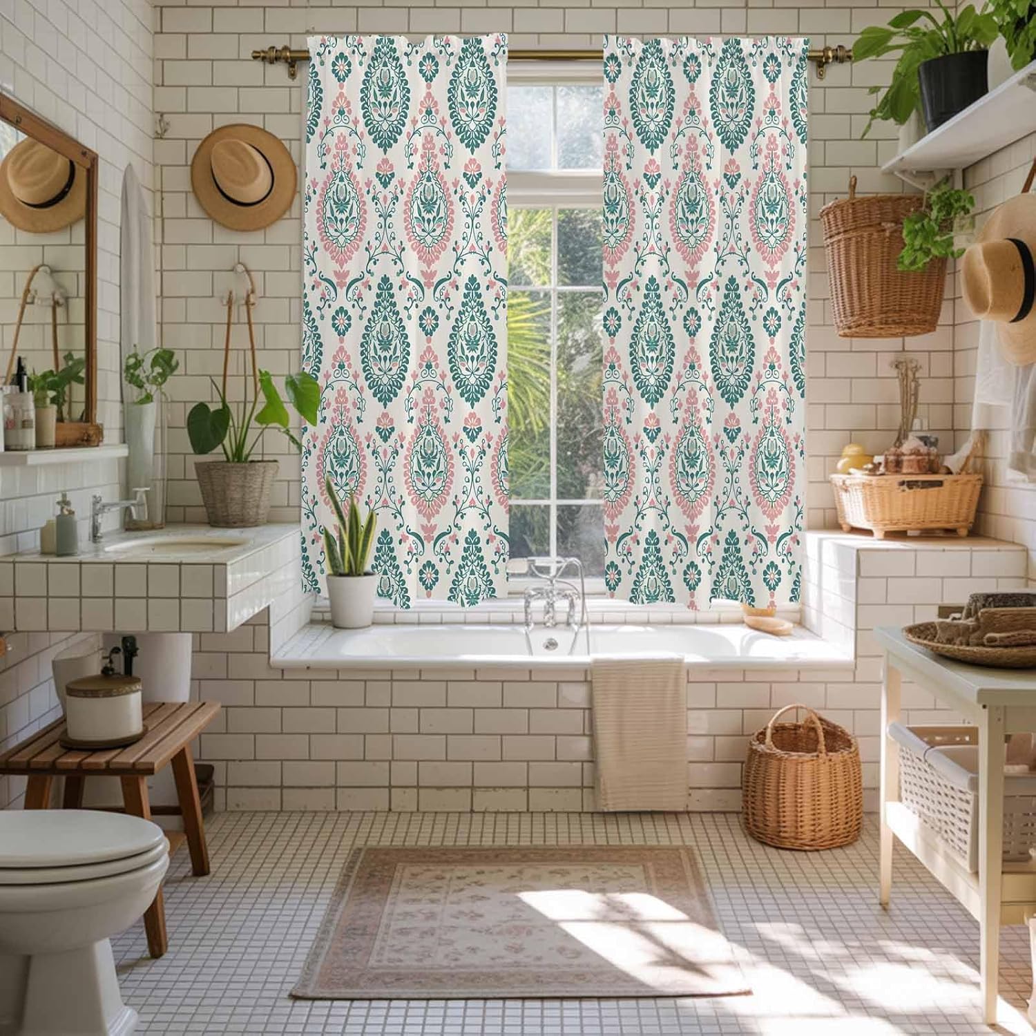 Green Pink Boho Kitchen Curtains, Ethnic Abstract Geometric Floral Pattern Light Filtering Window Curtain Panels, 2Pcs Rod Pocket Window Treatments Set for Living Room Bathroom Bedroom 42x63 Inches