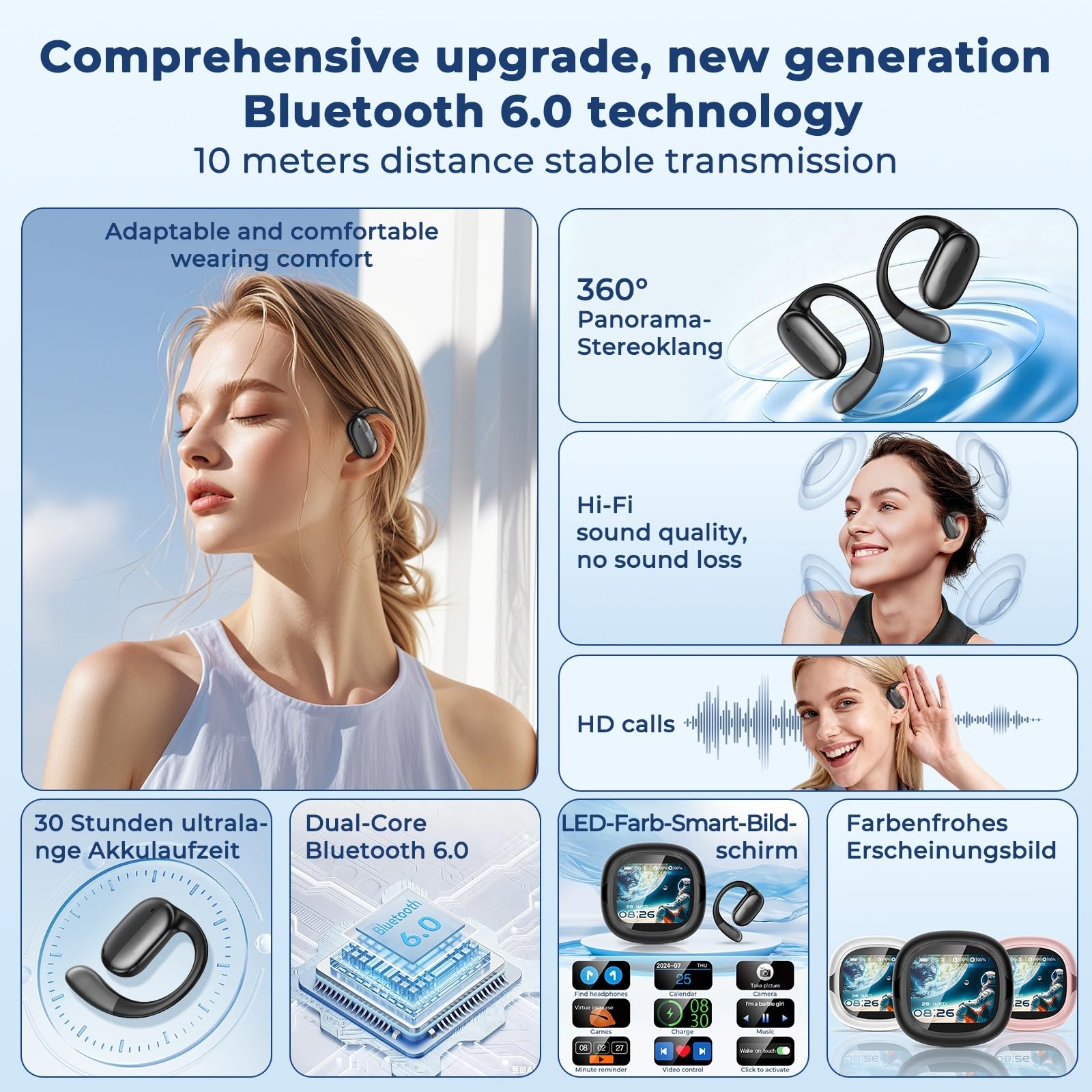 NE58 Open Ear Übersetzer Kopfhörer Echtzeit, 134 Sprachen Sprachübersetzer Kabellos mit Ohrhaken, Bluetooth 6.0 Open-Ear Kopfhörer, LED Touchscreen Case, Noise Cancelling ，Schwarz