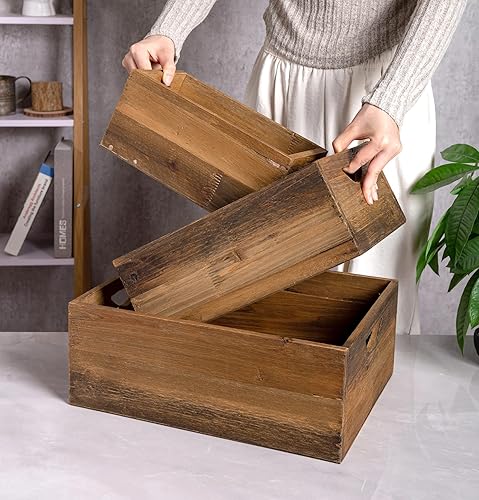 Miniatura 4 de TIMRIS Juego de 3 cajas de madera rústica envejecida anidables, cajas de almacenamiento de madera decorativas de estilo granja, cestas de madera