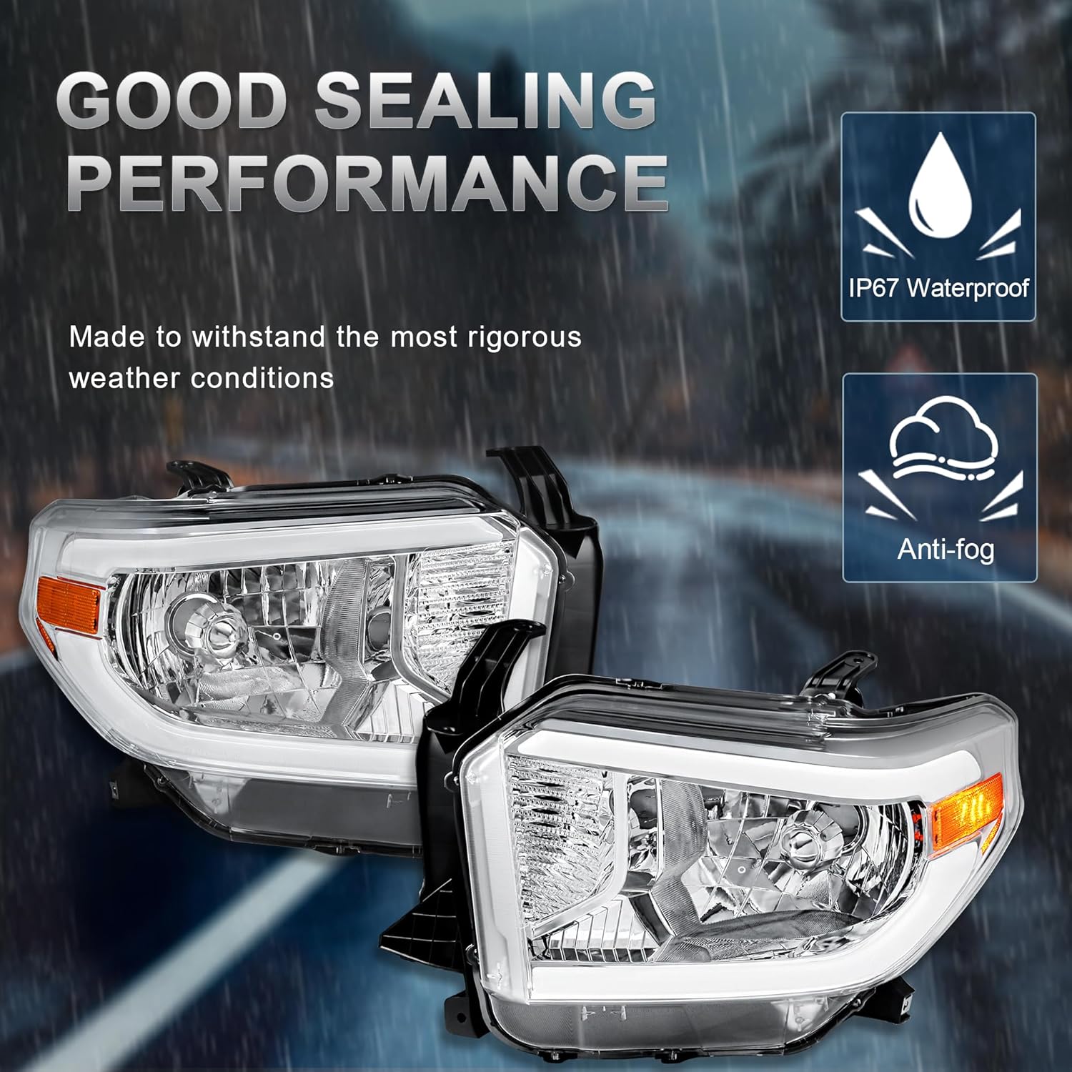 KUIPERAUTO Pair LED Reflector Headlights Assembly Compatible for 2014-2021 Toyota Tundra with LED DRL Tubes Front Lamps Chrome Housing/Clear Lens/Amber Corner