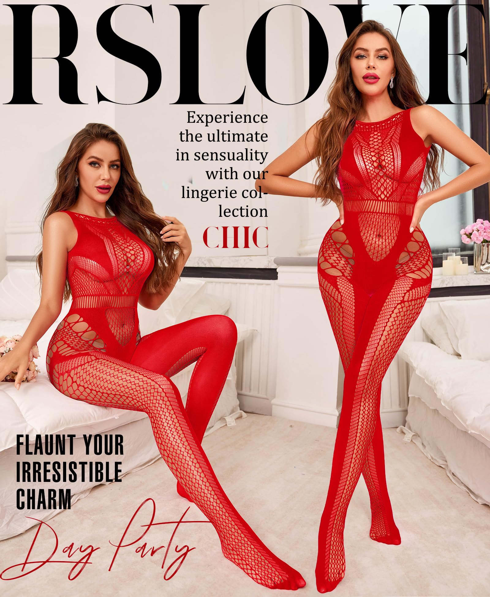 RSLOVE Sexy Lingerie Exotic Bodystocking - Fishnet Cut Out Lingerie Mesh Bodysuit One Piece Babydoll Rave Outfits: One Size Red