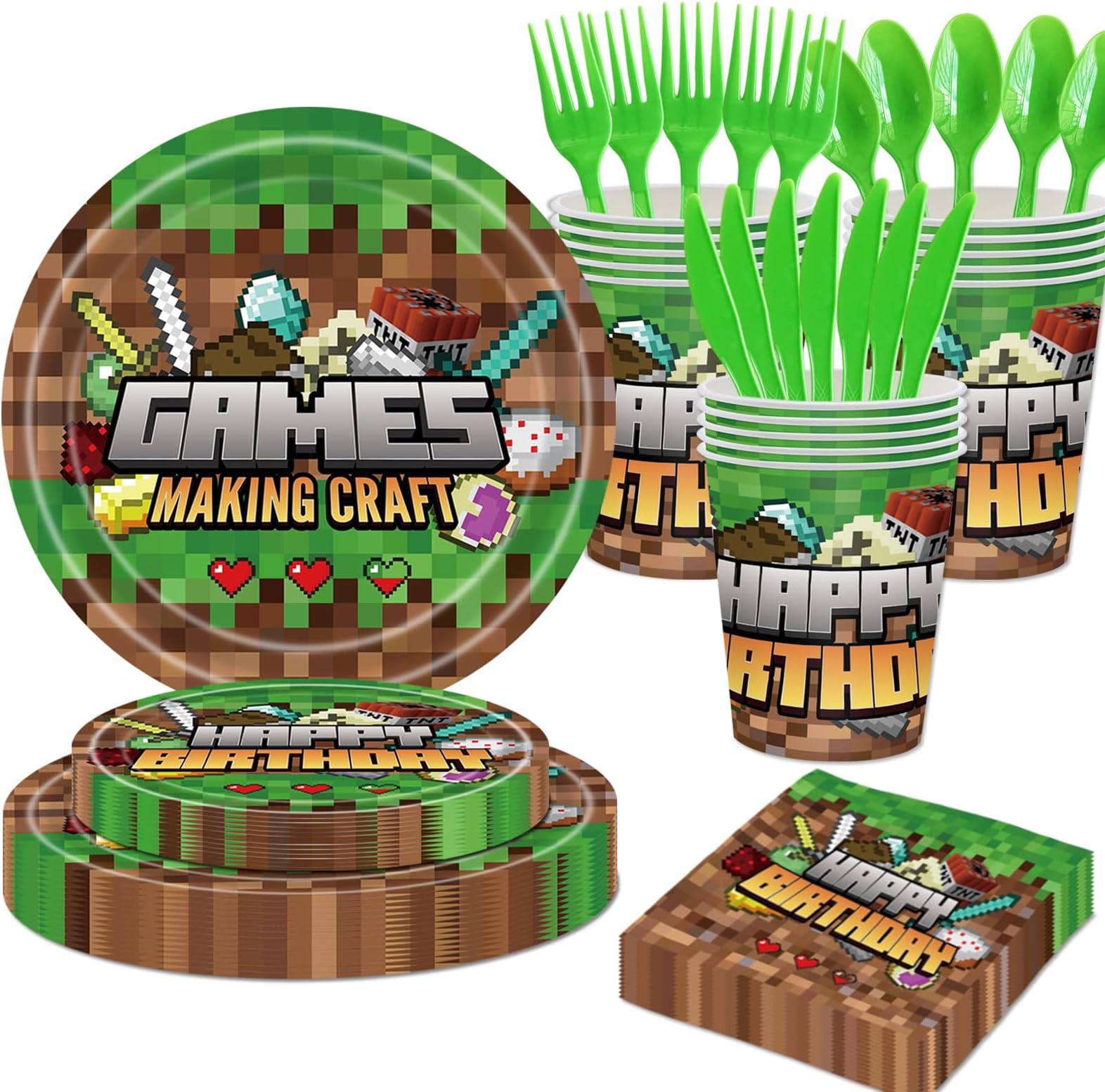Yupilaxko Pixel Birthday Party Supplies Serves 16, Gamer Party Decorations for Boys, Include Pixel Party Plates, Napkins and Cups, Total 112pcs