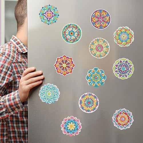 Miniatura 7 de Juego de 24 imanes de pintura de diamante de mandala para refrigerador, pintura de diamante, mandala para nevera, arte de diamante 5D para adultos y
