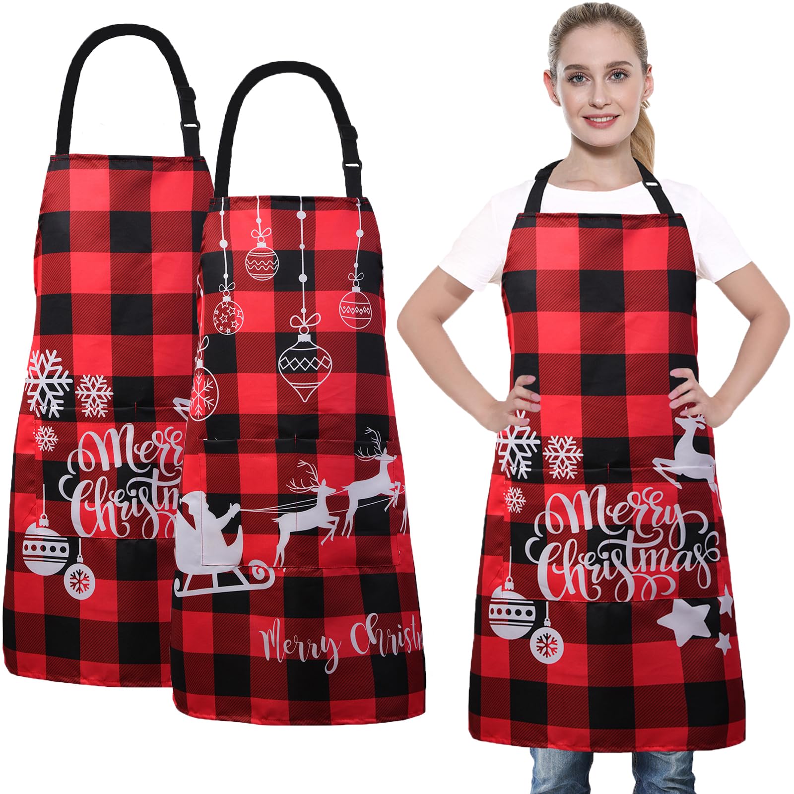 XIEJINJIA 2 Stücke Weihnachtsschürze Schwarz Rot Karomuster mit Santa Rentierschlitten Weihnachtskugeln Schneeflocken Verstellbare Wasserfest Canvas mit 2 Tasche,Lange Bänder für Küche Kochen Backen