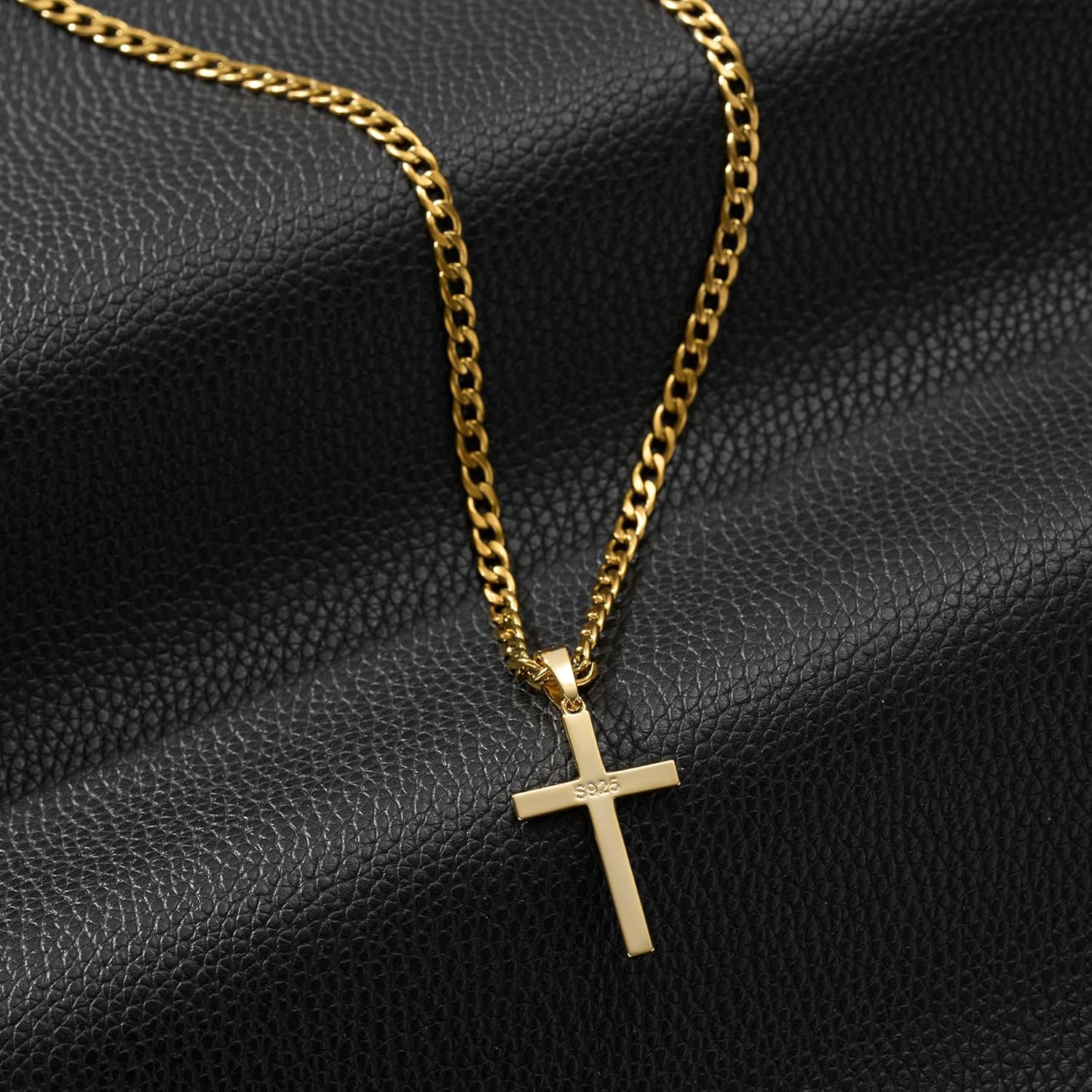 SWEETV 18K Gold Over 925 Sterling Silver Cross Necklace for Men/Women, Stainless Steel Cuban/Rope Chain Cross Pendant 18-24 inch, Religious Jewelry Gifts for Men - Image 3