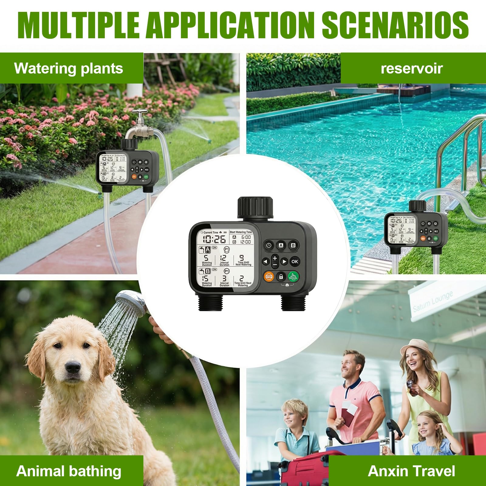 Programmateur Arrosage Étanche IP54 2 Sorties, Minuteur Arrosage Automatique avec Retard de Pluie et Grand Écran LCD