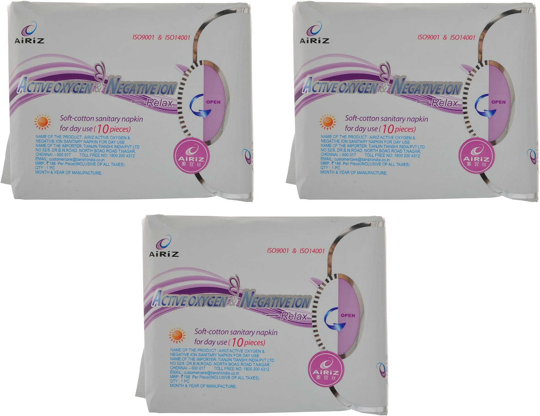 TIENS Airiz Active Oxygen and Negative Ion Sanitary Napkins for Day Use - 30 Counts - Pack of 3