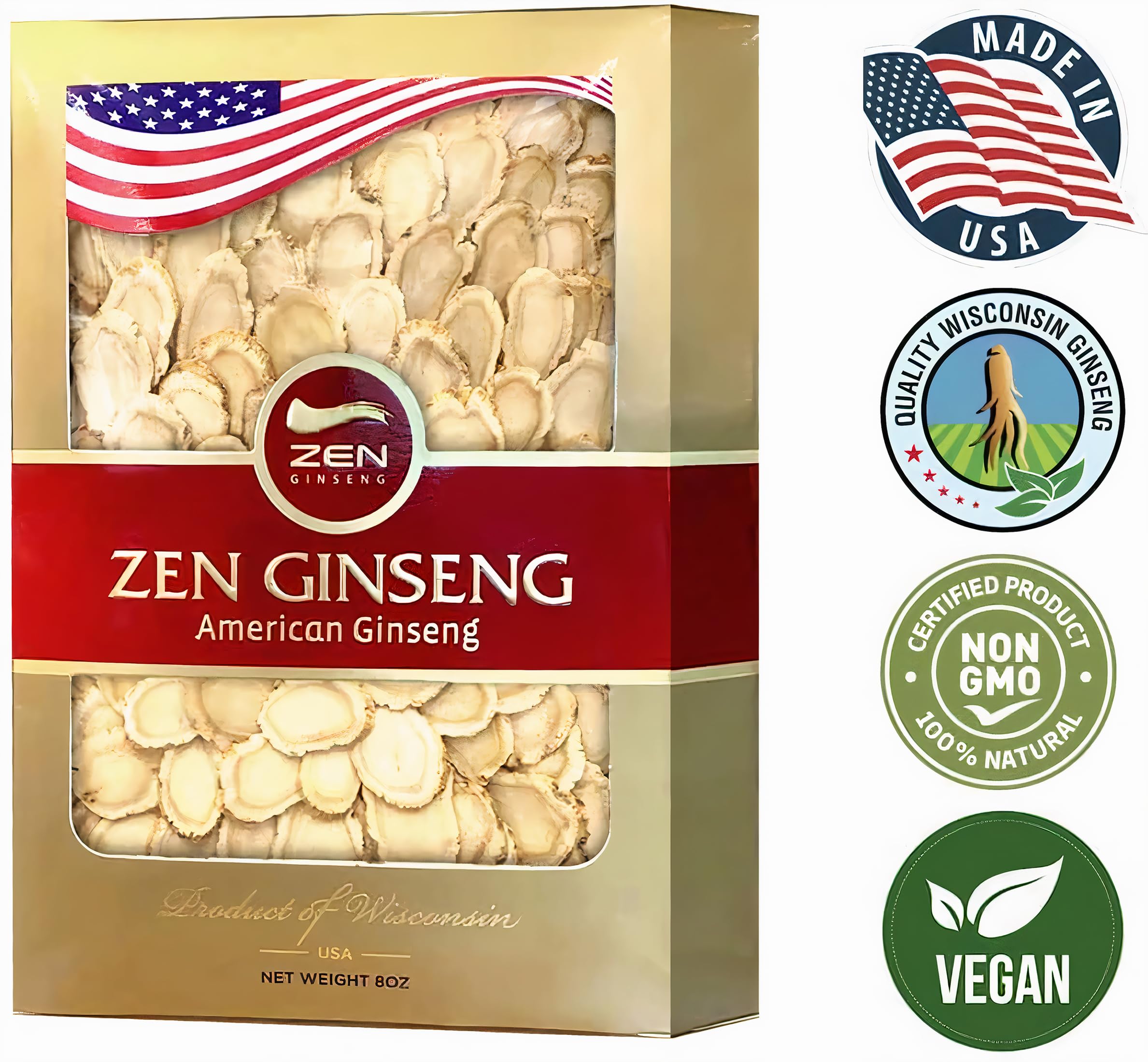 Zen Ginseng Zen American Wisconsin Ginseng rebanadas de energía mejorada, rendimiento y salud mental para hombres y mujeres (caja de 8 onzas)