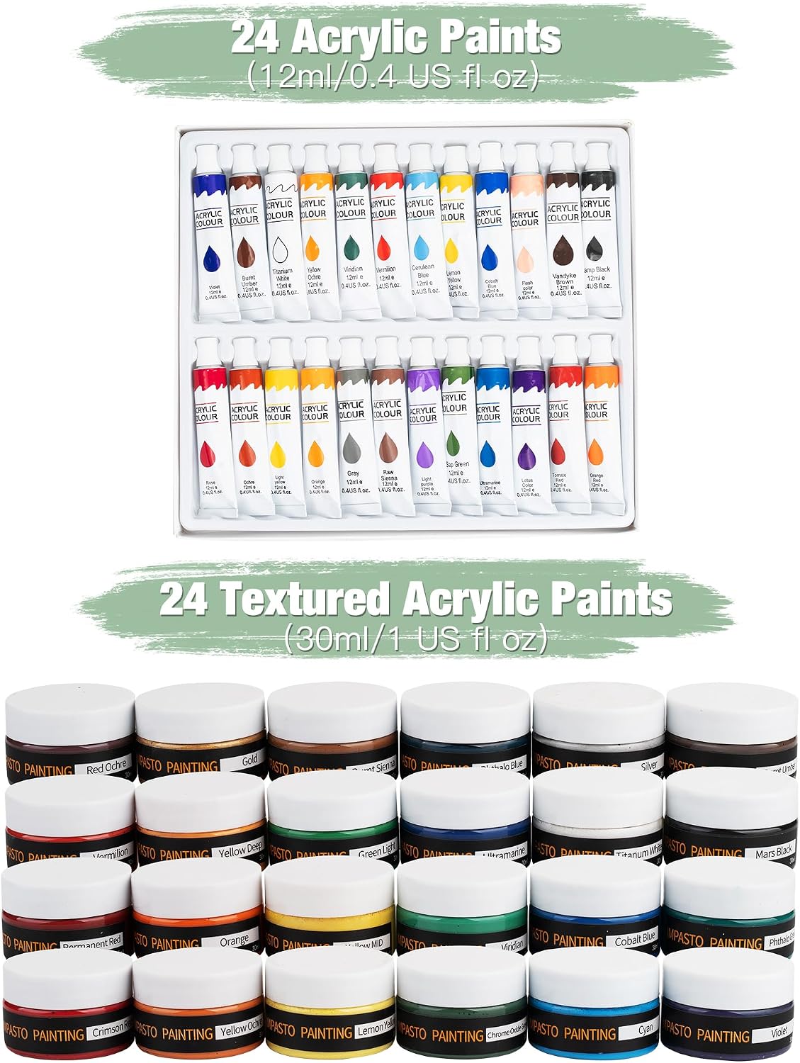 96PCS Acrylic Paint Kits for Adults, 24 Colors Textured& Acrylic Paints