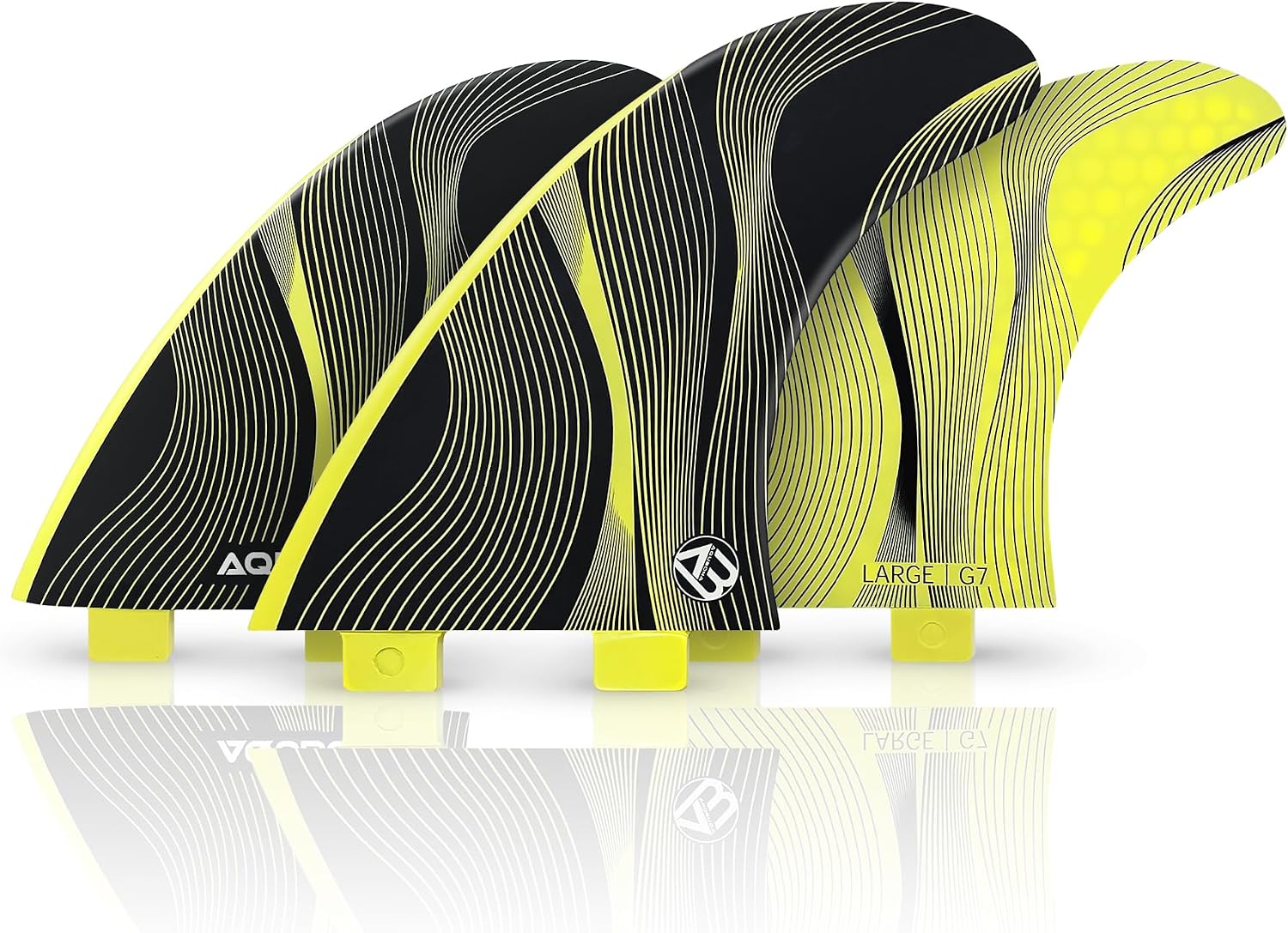 Surfboard Thruster Fins Set 3pcs Honeycomb Fiberglass Performance, Compatible with Twin Tab Single Tab Fin Box, G5 G7 Medium Large, with Fin Bag Screw Key Wax Comb, Black&Yellow