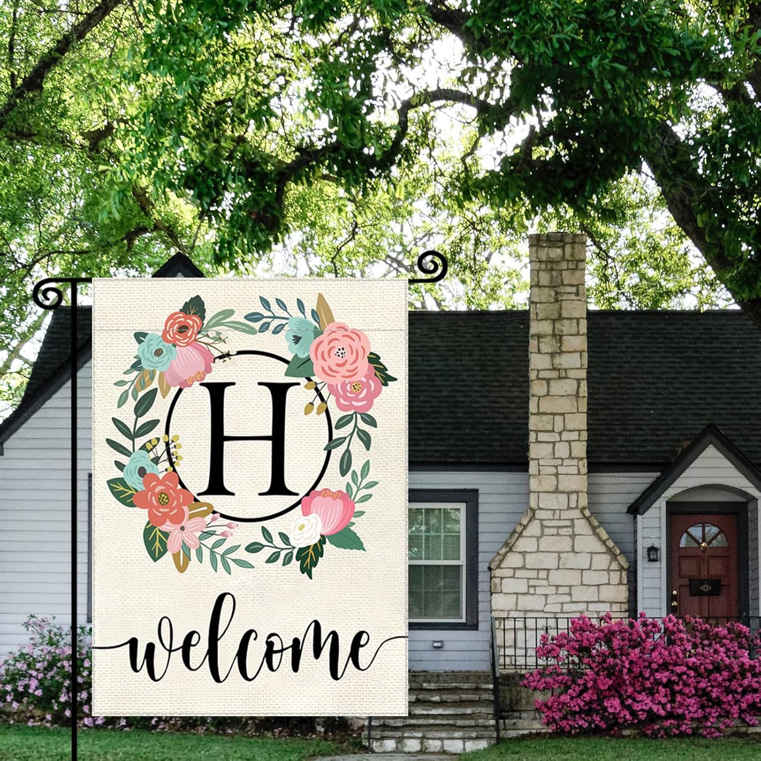 Monogram Letter Garden Flag Floral 12x18 Inch Double Sided for Outside Small Burlap Family Last Name Initial Yard Flag (H) - Image 2