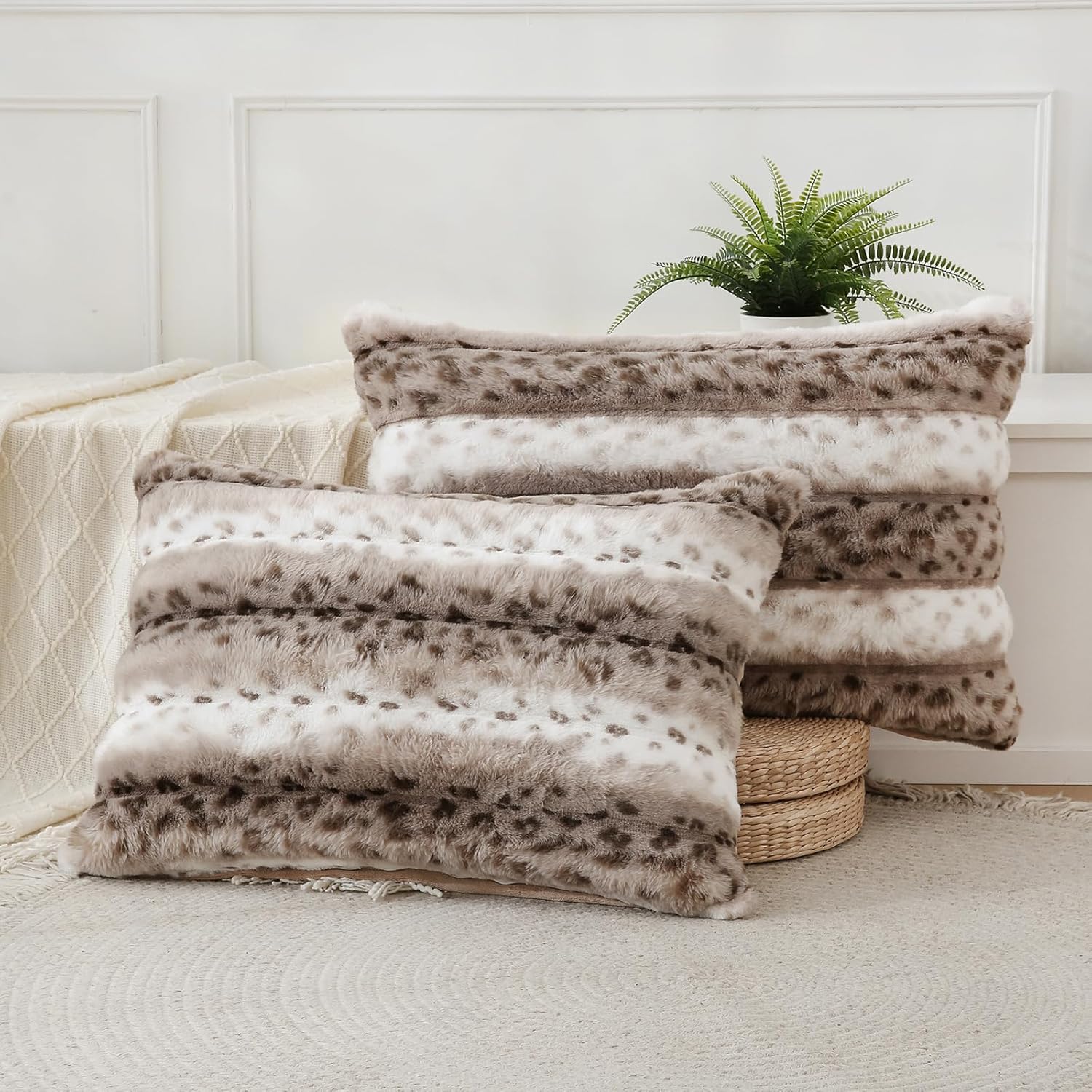 Fuzzy Faux Fur Pillow Case Plush Shaggy Pillow Cover Plaid Check Texture Extra Soft Fluffy Faux Rabbit Fur Fabric Brown Decorative Pillowcases for Bed Couch Sofa, 20 x 30 Inches