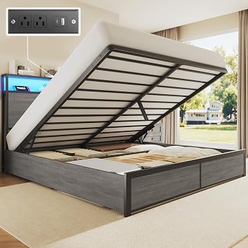 Lifezone Queen Size Lift Up Storage Bed Frame with 2-Tier Storage Headboard, Metal Platform Bed Frame with Charging Station & LED Light, Hydraulic Support, No Box Spring Needed/Noise Free, Rustic Grey