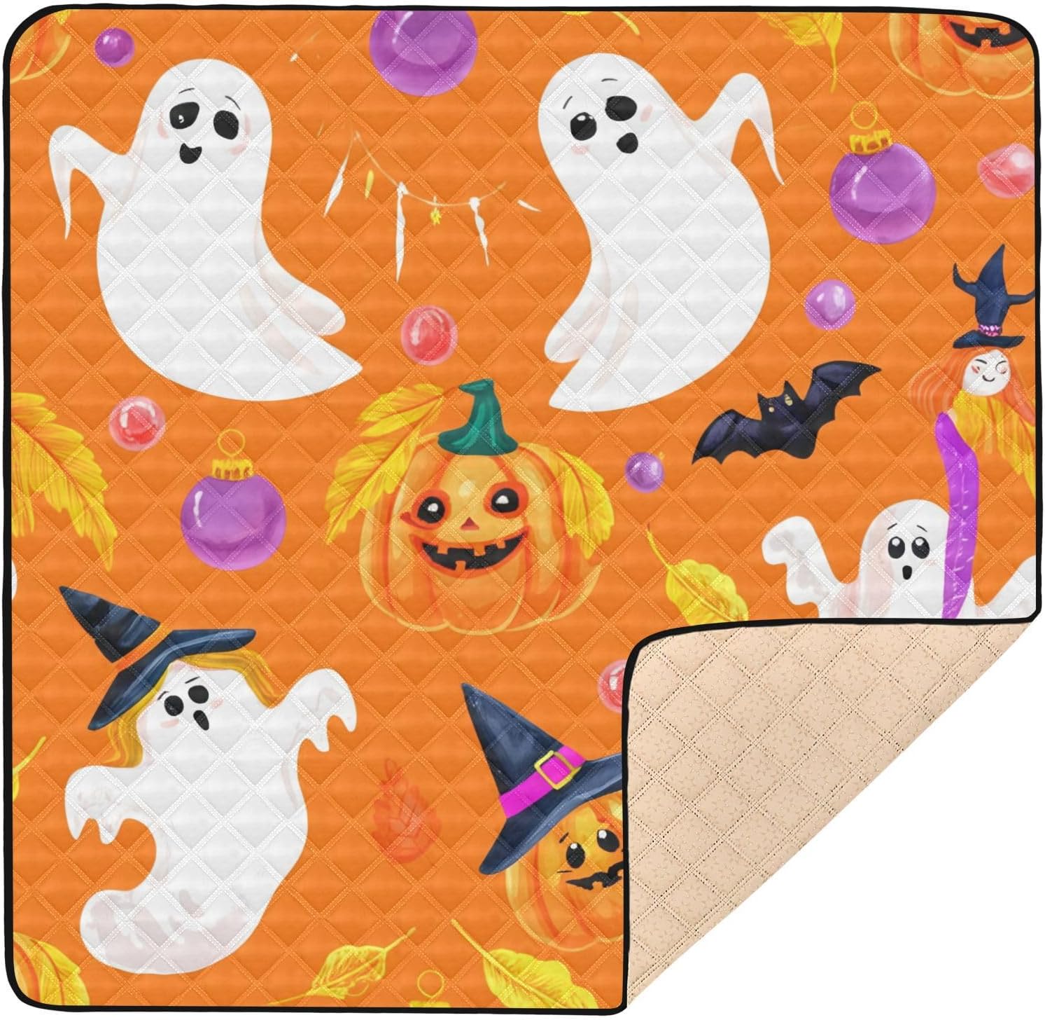 Cute Ghost and Pumpkin Baby Play Mat, 50“ X 50” Washable Folding Crawling Mat, Baby Floor Mat, Soft, Non-Slip