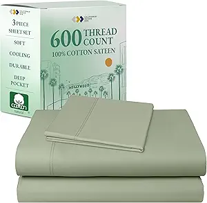 California Design Den Natural 100% Cotton Bed Sheets Twin Size Set - Luxury 600 Thread Count Sateen, Fully Elasticized Deep Pocket Sheet Set, Cool and Durable Hotel Quality Bedding - Laurel Green
