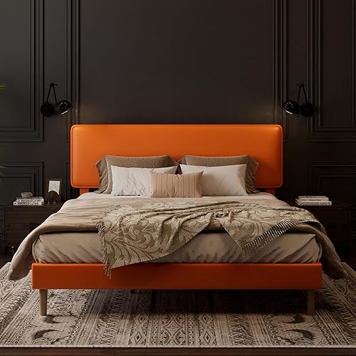 Miniatura 11 de Marco de cama tamaño Queen con plataforma tapizada, cabecero ajustable de cuero PU, no necesita somier, soporte de listones de madera, fácil