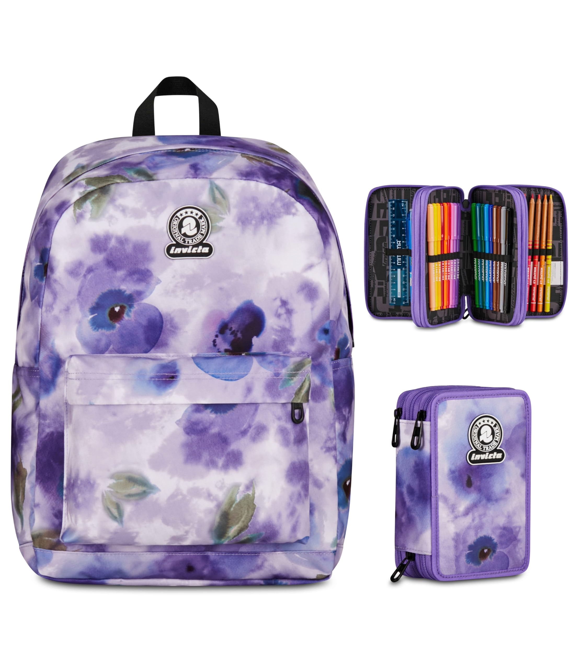 Invicta Zaino Ollie, Doppio Scomparto, Paint and Flower, viola + Astuccio 3 Zip, Completo di Matite e colori, Elementari, Medie, Superiori, Paint and Flower, Bambine e Ragazze, viola