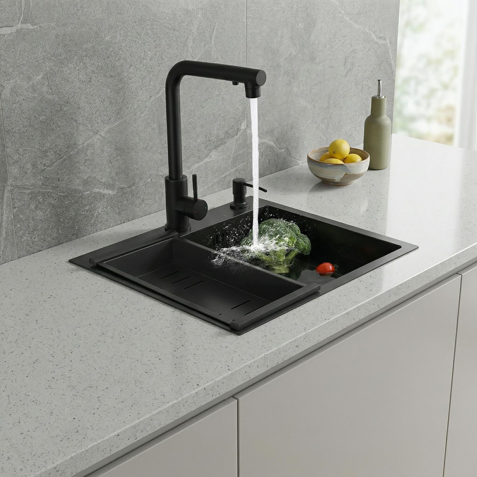 Fregadero de cocina de acero inoxidable, base 1 lavabo con escurridor, 46 x 35 cm, nano-revestimiento, con dispensador, sifón, cesta, multifuncional