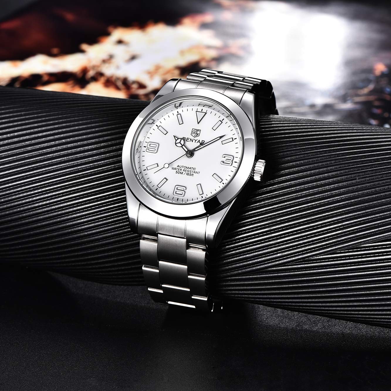 BENYAR Uomo elegante 41MM orologio meccanico automatico impermeabile cinturino in acciaio inox luminoso casual business orologio da polso analogico