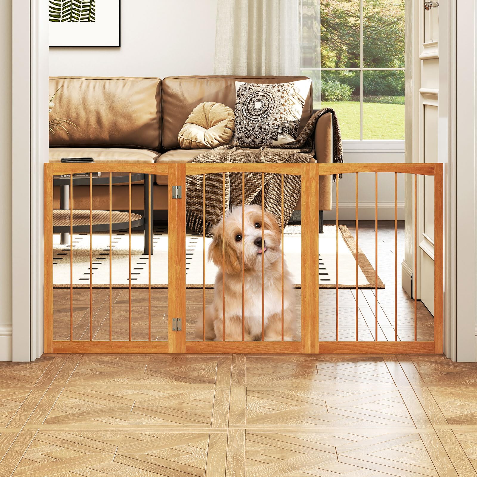 COSTWAY Cancelletto in Legno per Cani 159 x 76 cm, Recinto per Bambini, Cancello Pieghevole a 3 Pannelli per Porte, Scale e Corridoi (Marrone)