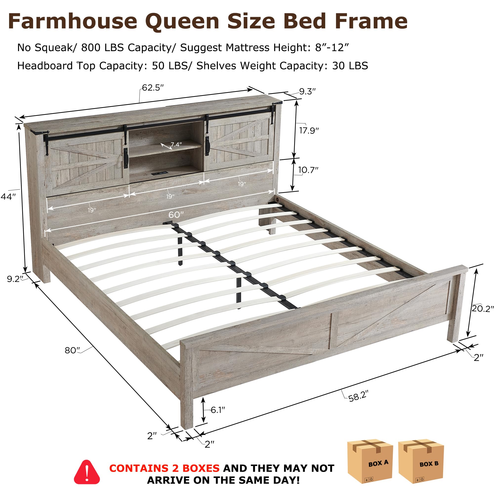 T4TREAM Farmhouse Queen Size Bed Frame w/Storage Bookcase Headboard, Sliding Barn Door, Charging Station, Rustic Wood Platform Bed w/Wood Slats Support, No Box Spring Needed, Light Rustic Oak
