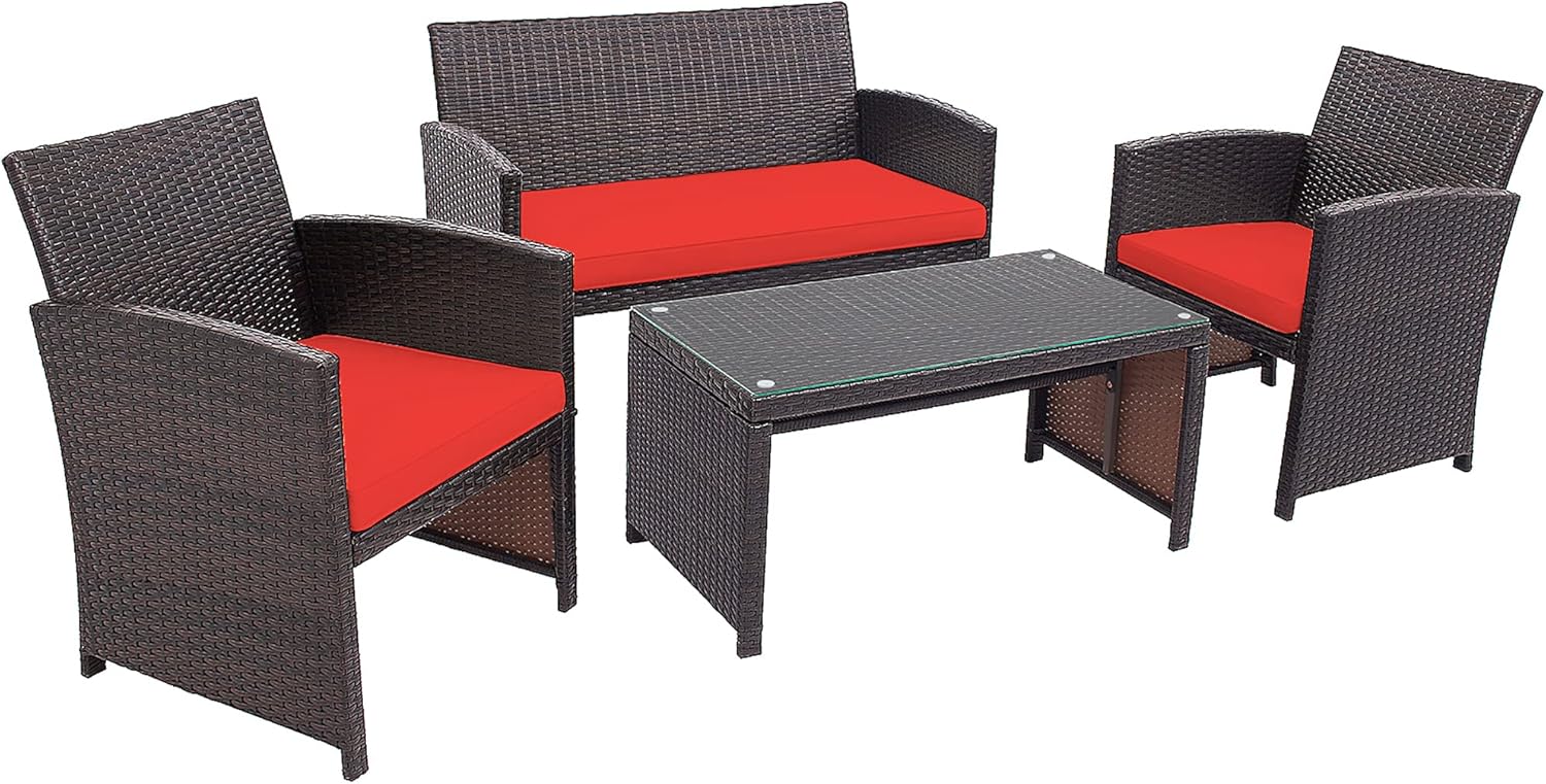 DORTALA 4 Pieces Wicker Patio Furniture Set, Outdoor PE Rattan Conversation Set with Chairs, Loveseat, Coffee Table, Cushions for Poolside, Red