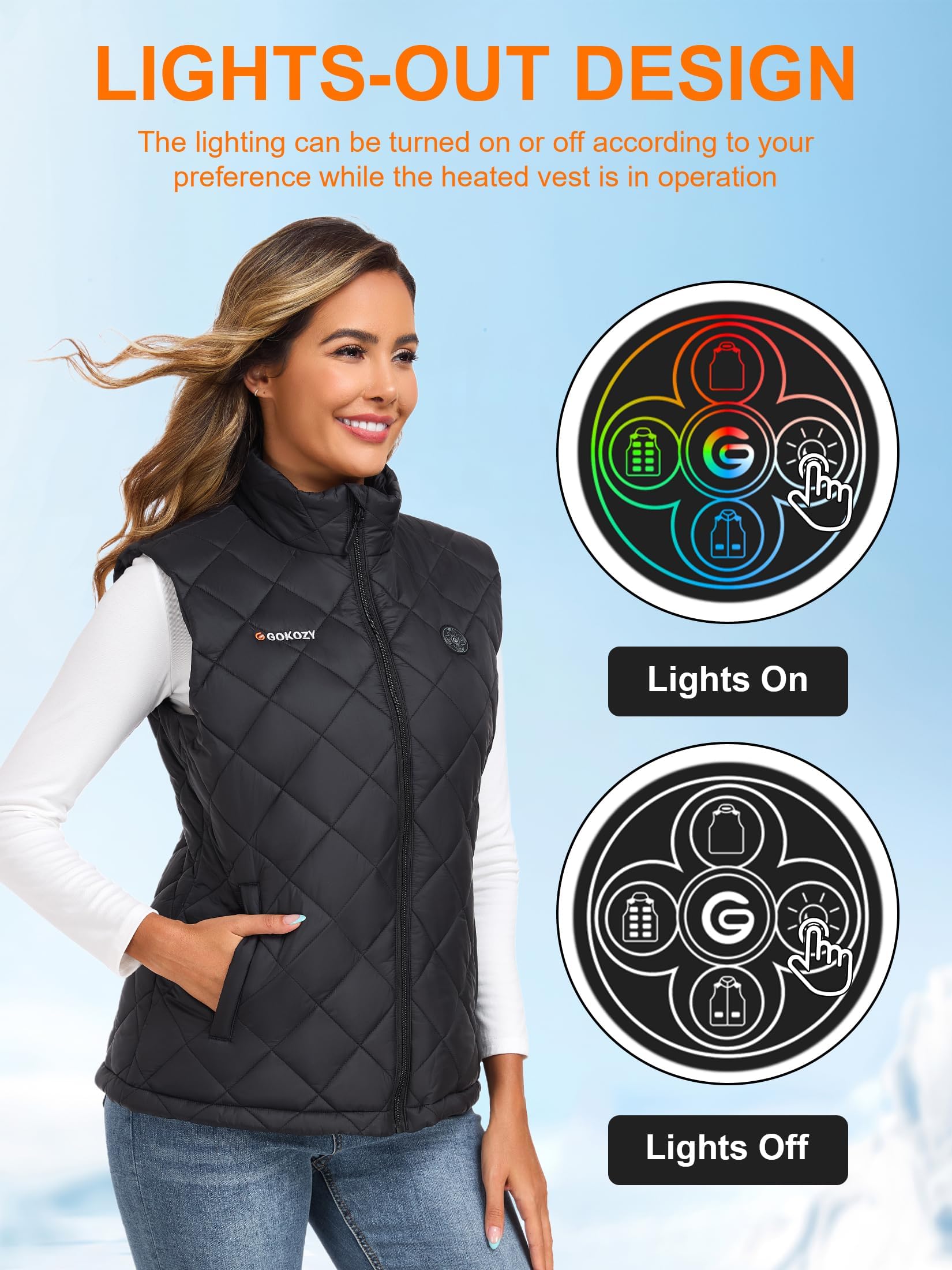 Gokozy Gilet Chauffant Femme avec Batterie Incluse 20000mAh 12V, Veste Chauffante Électrique avec 13 Zones de Chauffe, Gilet Chauffant sans Manche pour Extérieur, Ski, Randonnée