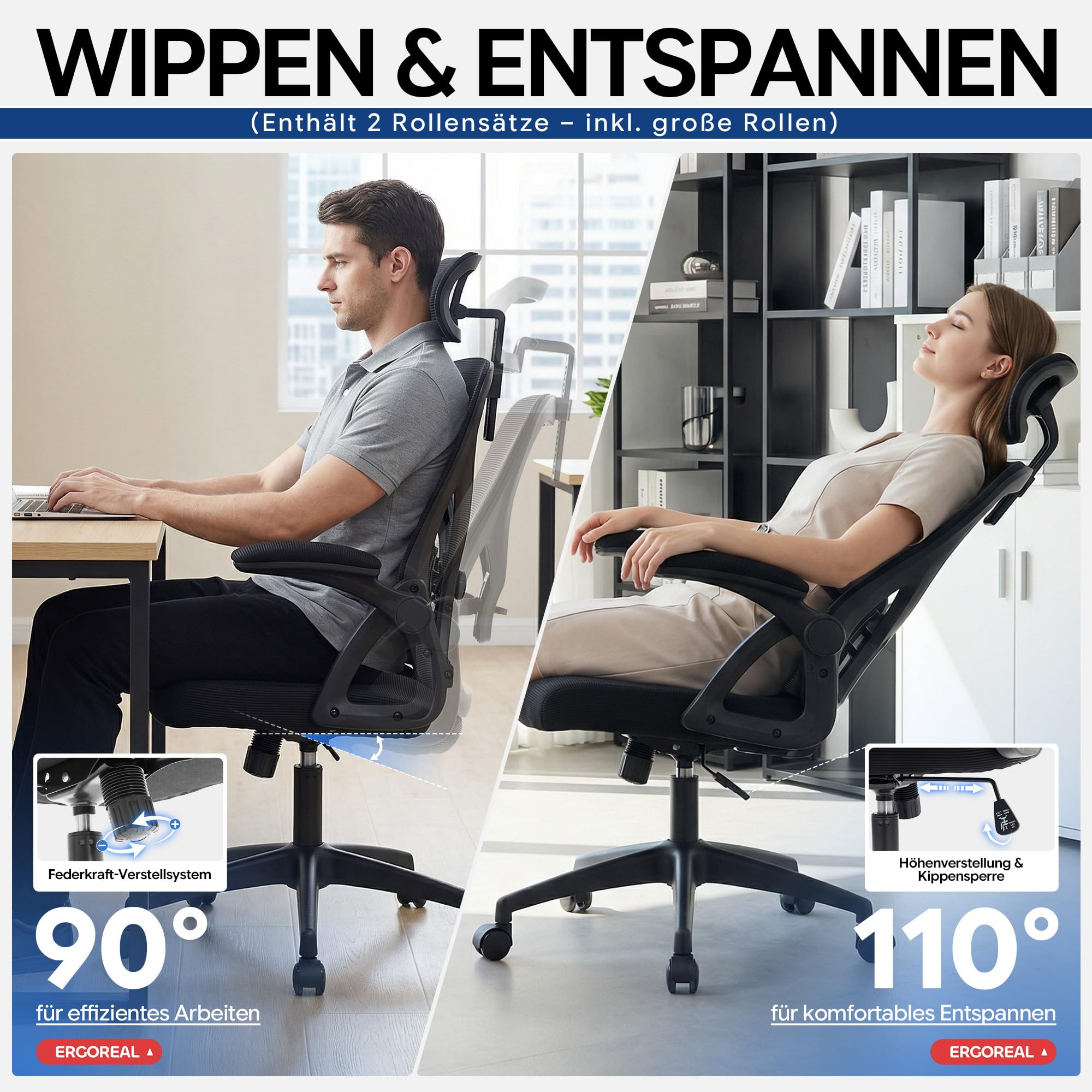 Ergoreal Ergonomischer Mesh‑Bürostuhl für Home Office, mit Verstellbarer Lendenstütze & 2D‑Kopfstütze, klappbare Armlehnen, leise PU‑Rollen, stabile Gasfeder Klasse 3, bis 140 kg(Tiefe Schwarz) - 5