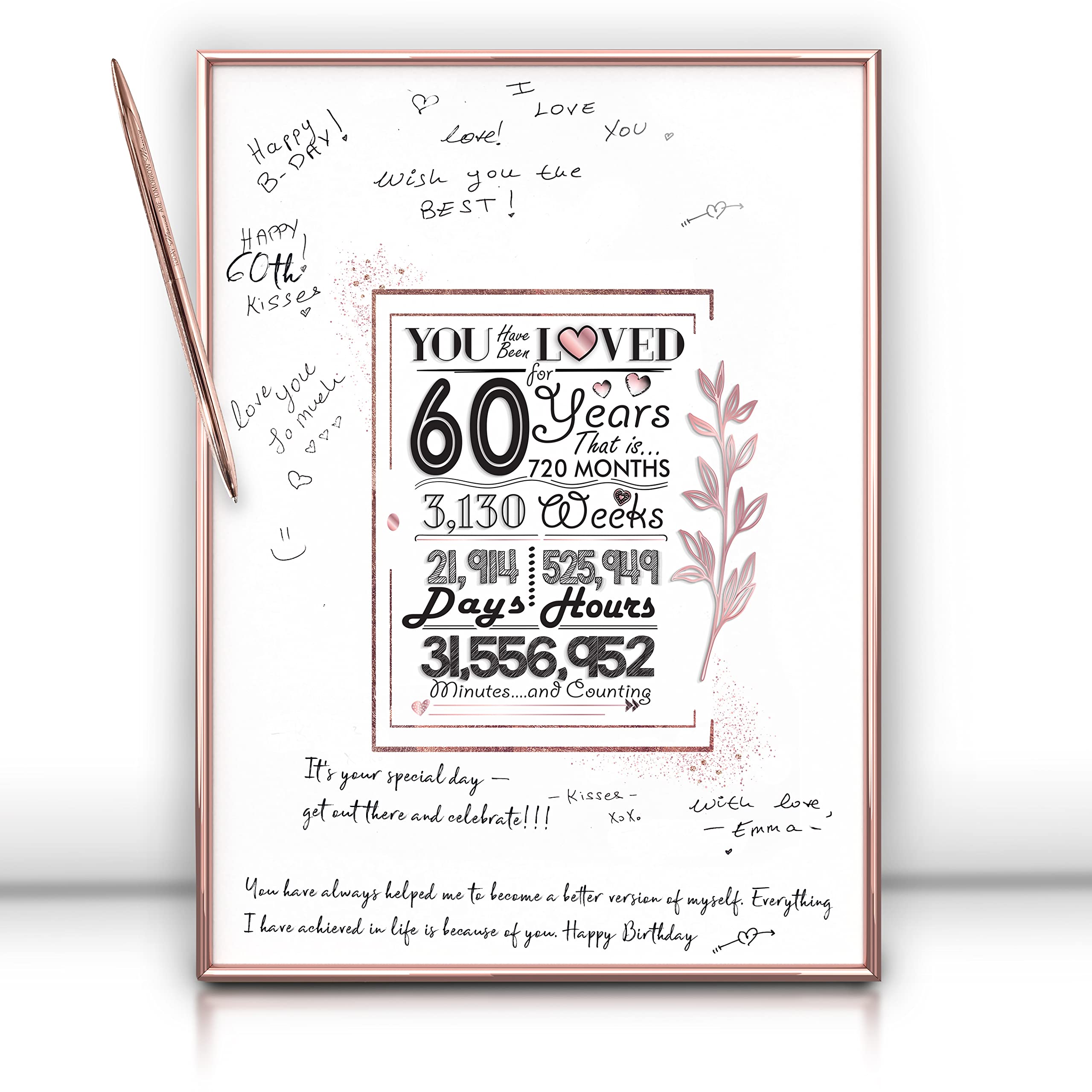 Framed Rose Gold 60th Birthday Decorations Sign Poster for Girl - 60