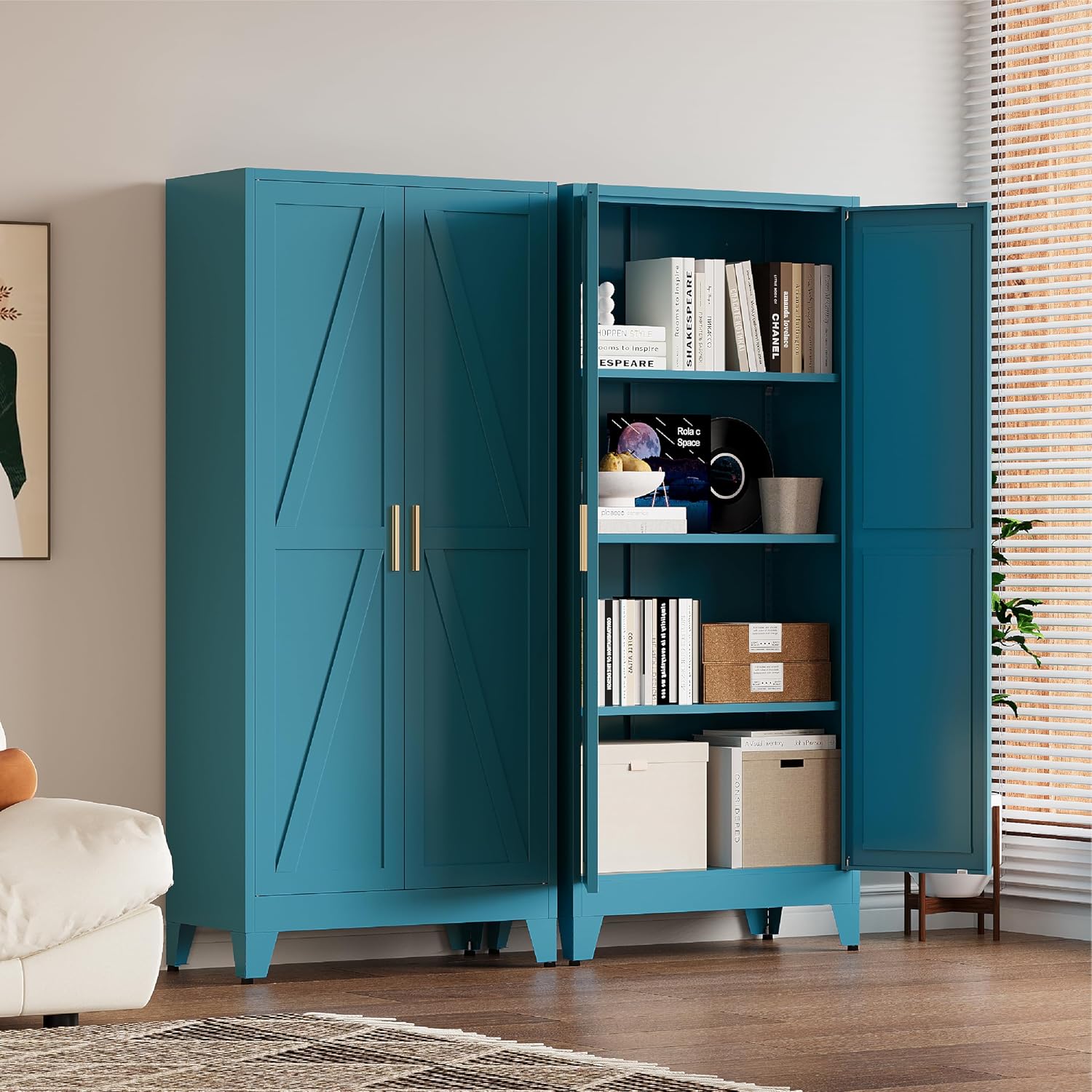 Kitchen Pantry Cabinet, 61”H Metal Pantry Storage Cabinet with 2 Doors & 3 Adjustable Shelves, Blue Kitchen Cabinet, Tall Freestanding Cupboard for Kitchen, Dining Room, Living Room