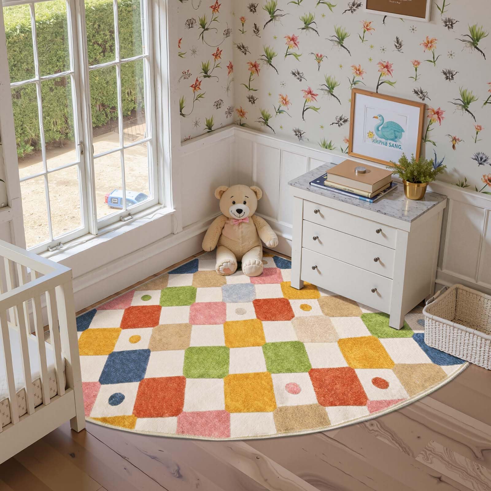 jinchan Macy Kids Rug for Nursery 5ft Radius Corner Washable Area Rug Modern Colorful Quarter Circle Rug Soft Non-Slip Carpet for Bedroom Playroom