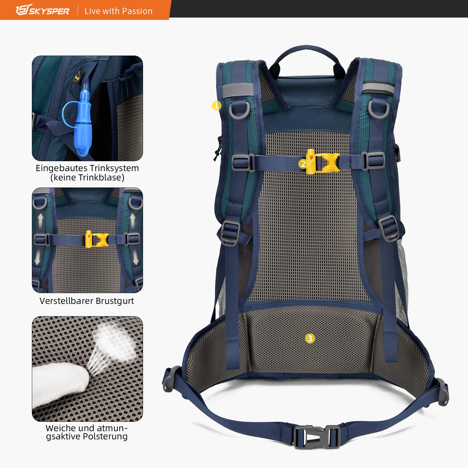 SKYSPER Zaino da Hiking Professionale 30L, Zaino da Trekking Impermeabile con Copri Pioggia Zaino con Ventilazione Posteriore per Escursioni Viaggi Campeggio