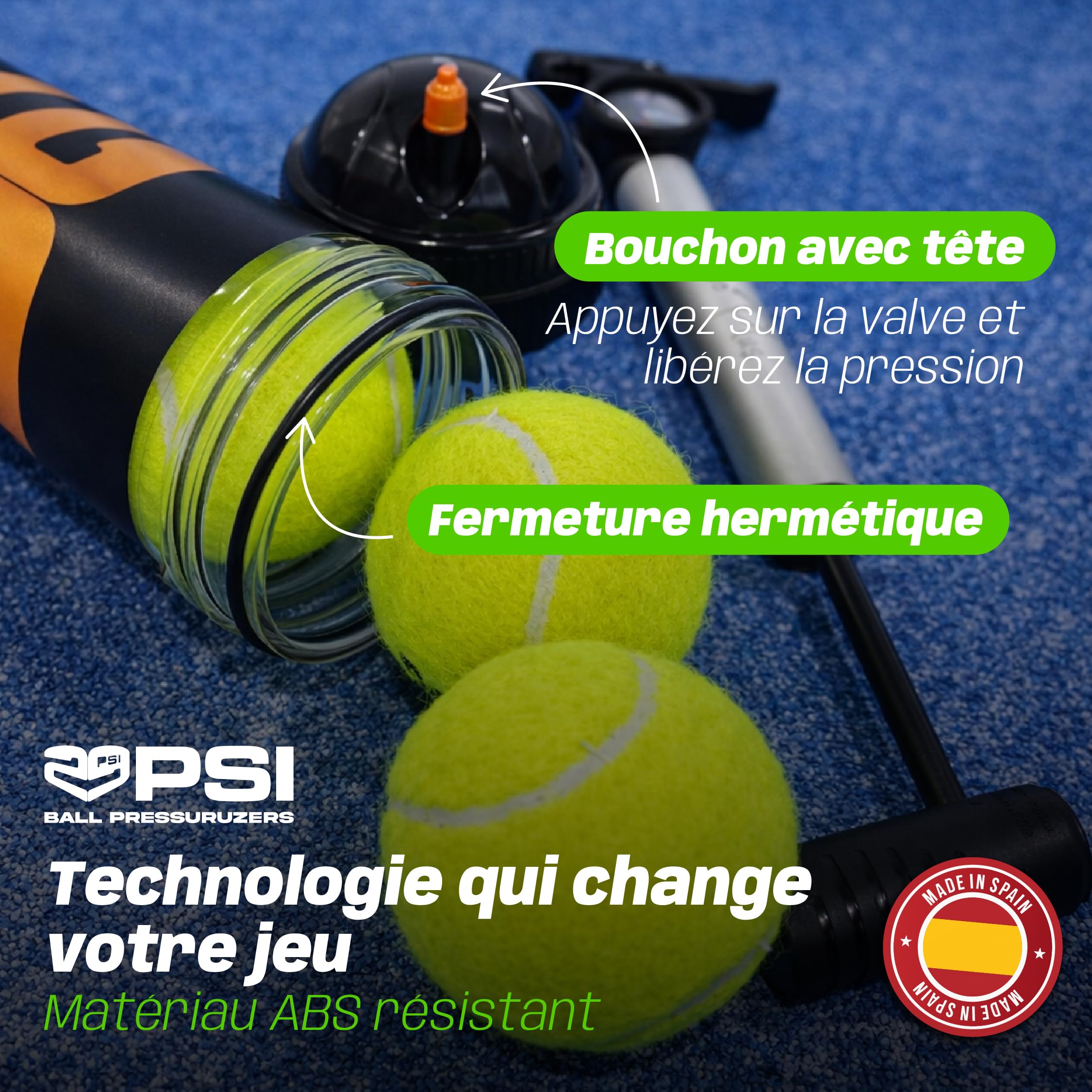 TUBOPLUS 29PSI Pressurisateur de balles de padel et de tennis Maintient la pression et le rebond Pot hermétique pour prolonger la durée de vie des balles