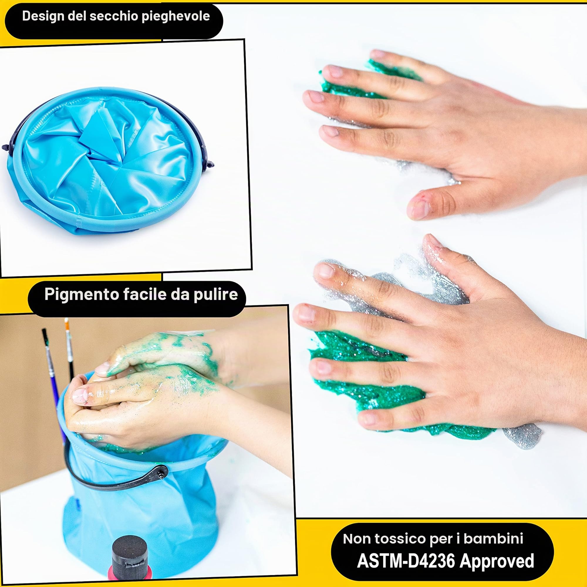 JOYIN Set di vernice tempera lavabile per bambini da 12pz (2 oz ciascuna), vernice liquida per poster con 6 pennelli, 2 palette e 1 secchio di pulizia, atossica per pittura con le dita, per pittori