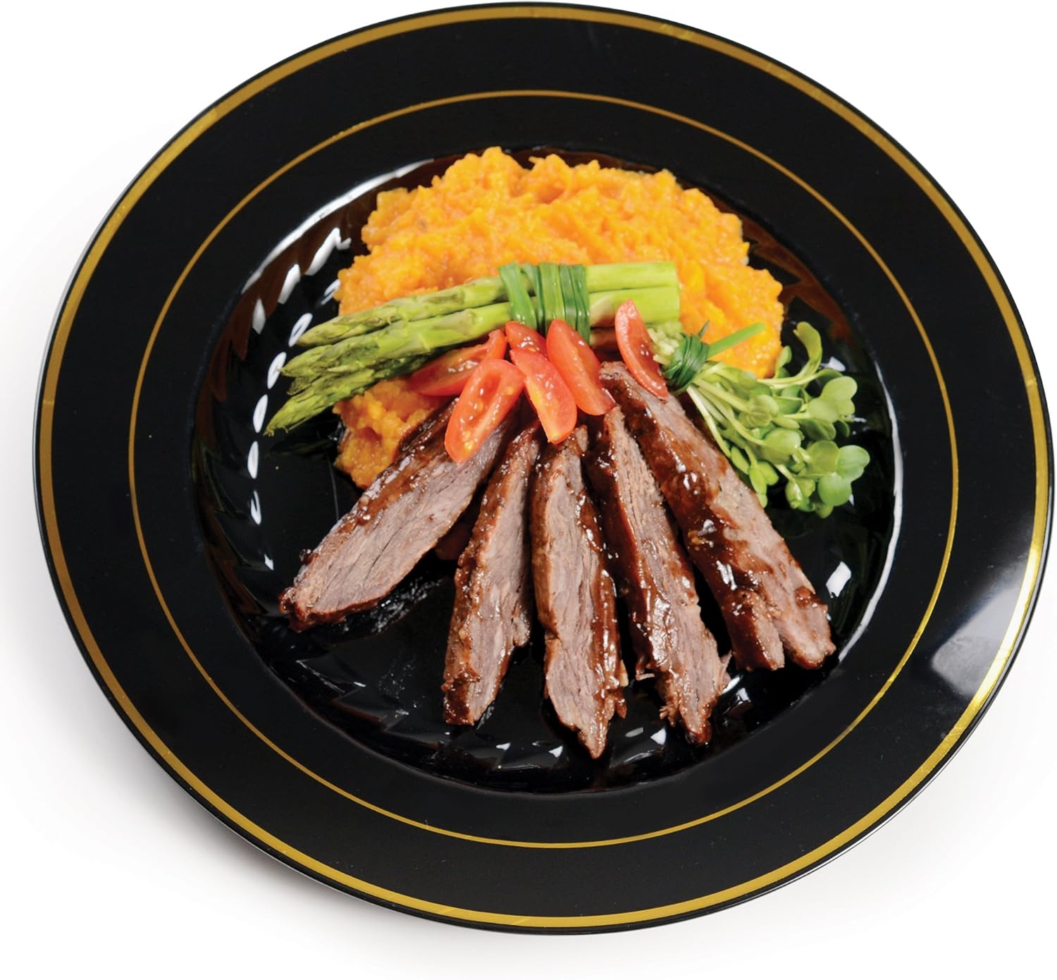 Fineline Settings Silver Splendor Black With Gold Round China-Like 10" Plate 120 Pieces