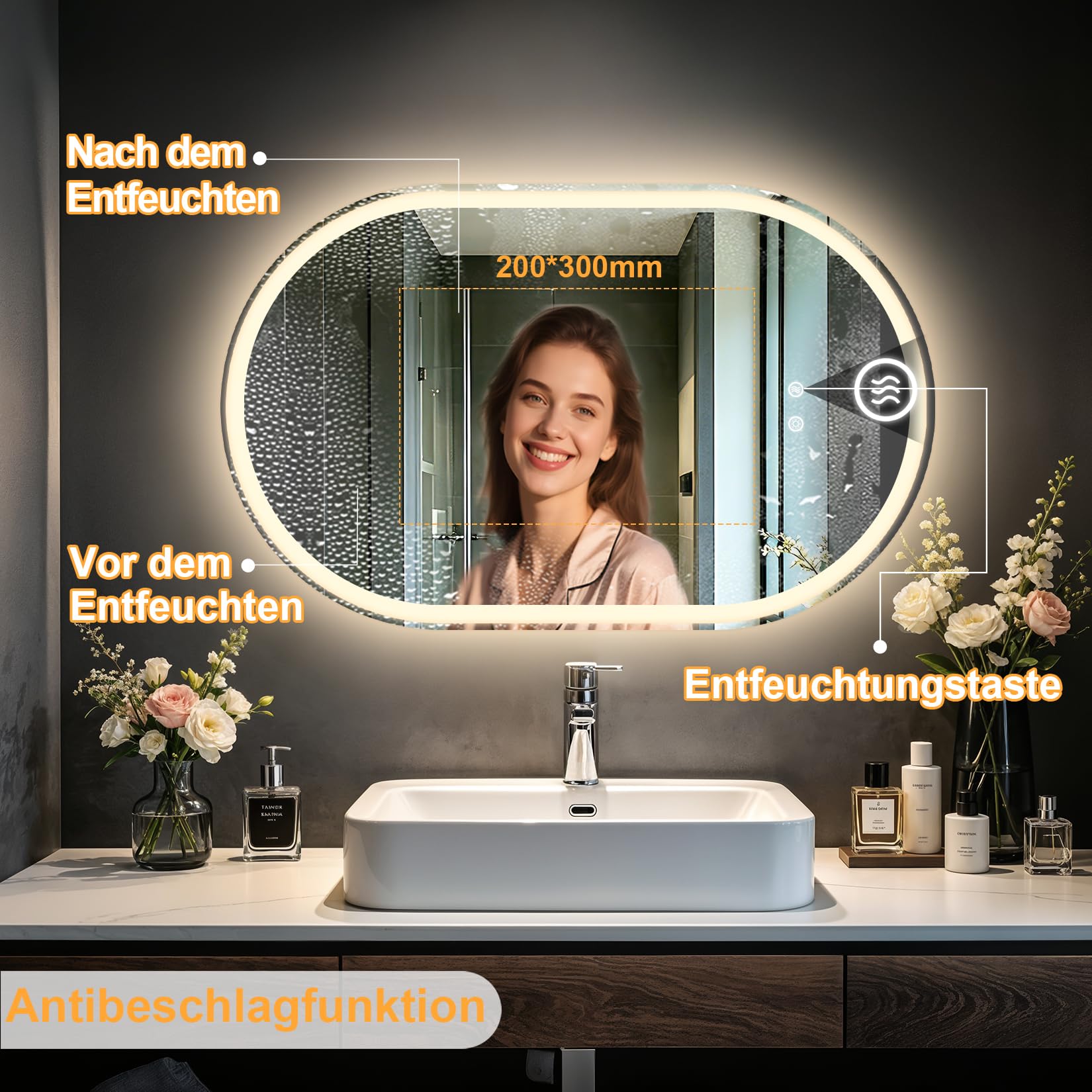 Ovaler Badezimmerspiegel mit LED-Beleuchtung, 80 * 50cm