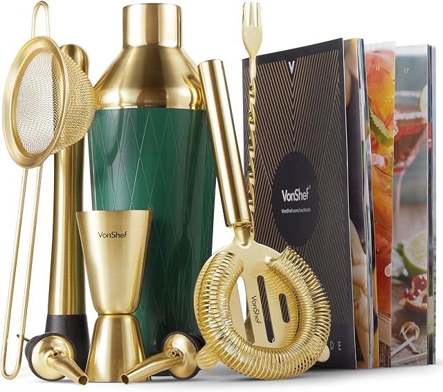 VonShef 9 Piece Cocktail Making Set  Green & Gold Cocktail Set Shaker Kit in Gift Box and Accessories Including Muddler, Jigger and Strainer