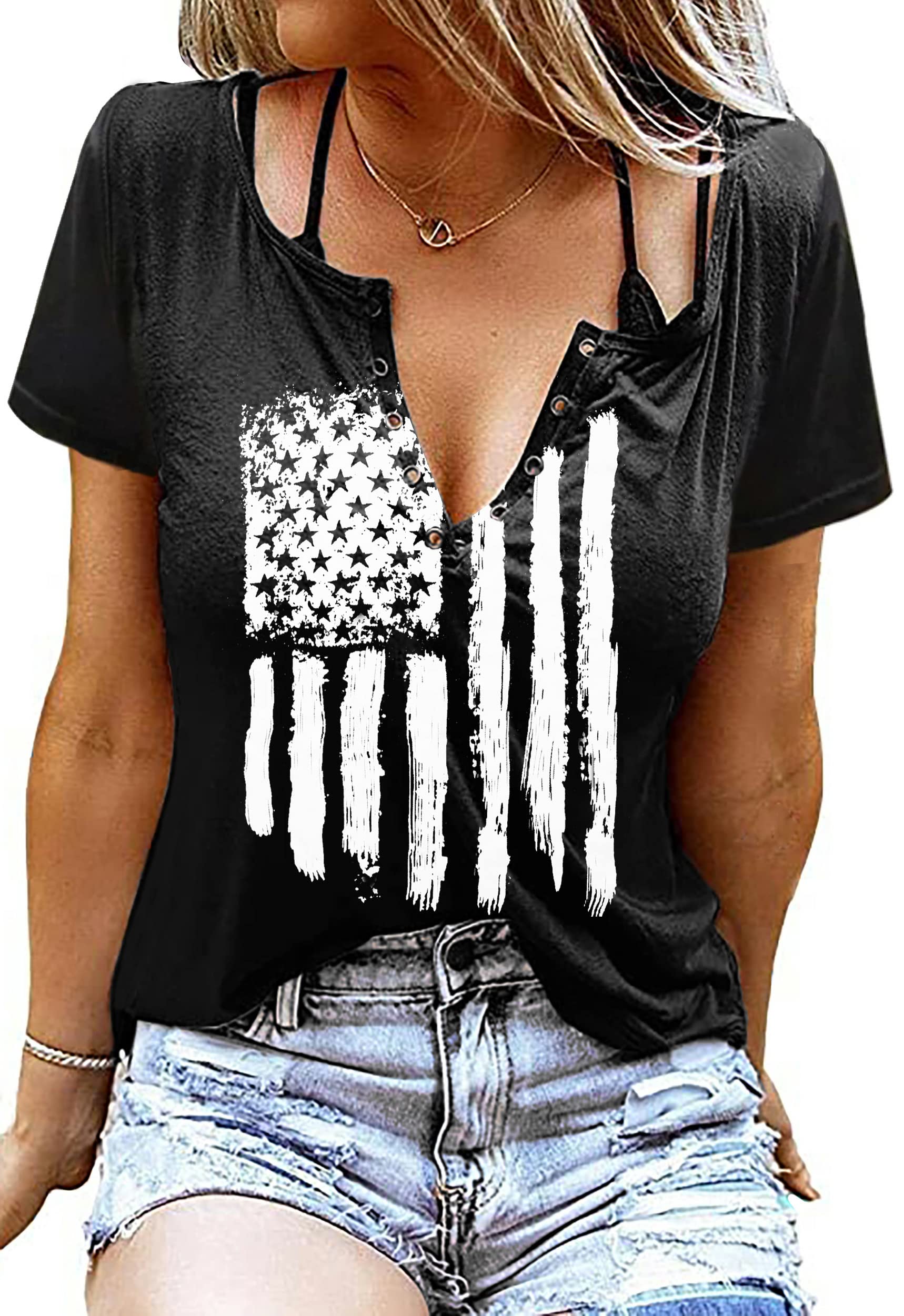 American Flag Shirt Tops Womens 4th of July T-Shirts Ring Hole Short Sleeve Sexy V-Neck Patriotic Tees