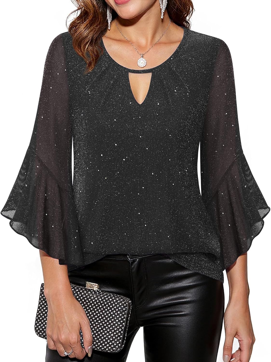 VALOLIA Womens Sparkly Tops Dressy Ruffle 3/4 Sleeve Blouses Glitter Cocktail Party Evening Shirts - Image 5