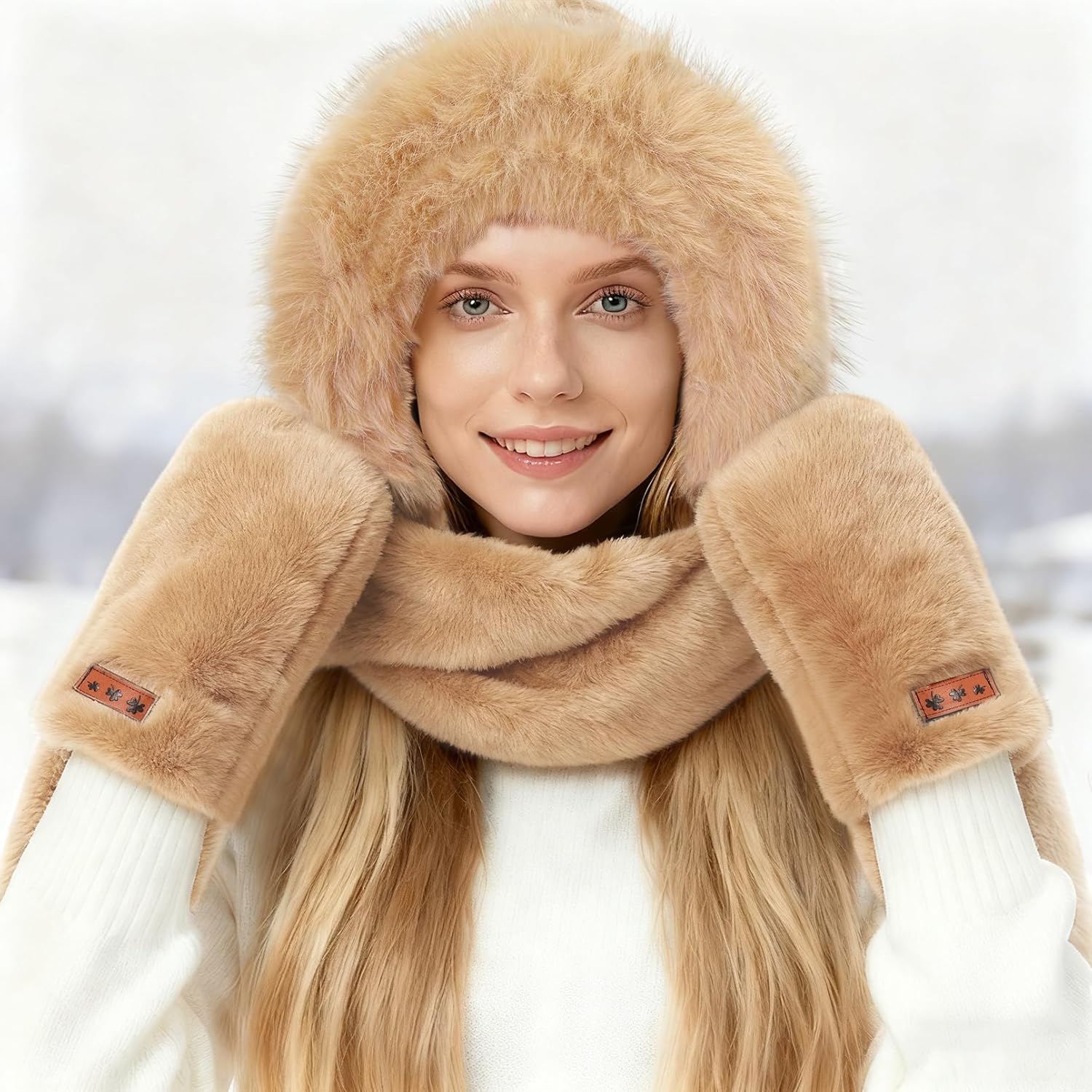 Hooded Scarf for Women Winter - Faux Fur Scarf Hat Gloves 3 in 1 Set Soft Thick Warm - Image 6