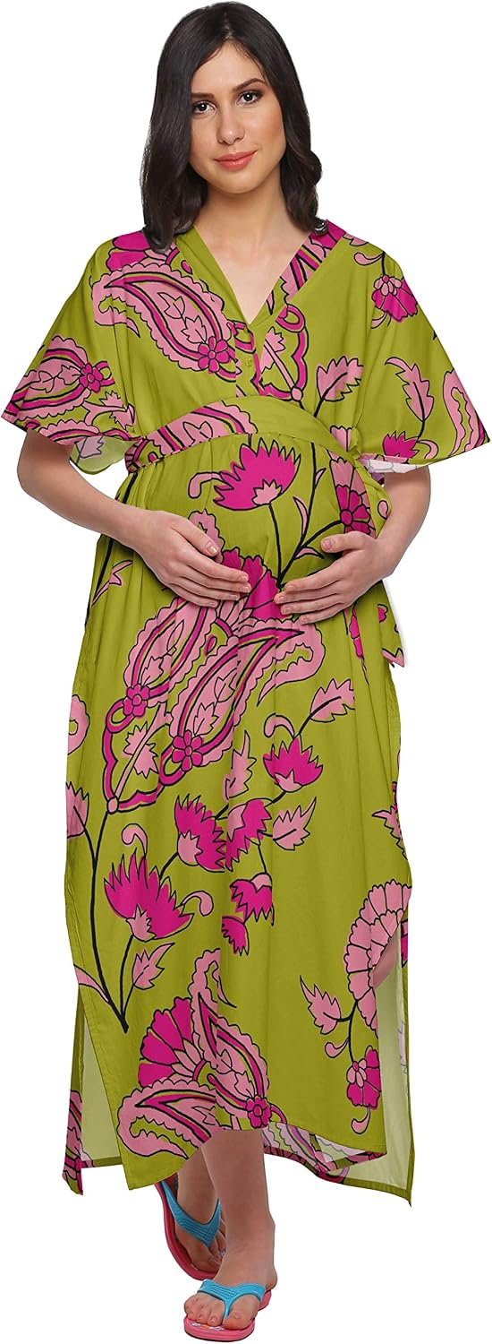 Moomaya Women Cotton Maternity Kimono Kaftan Long Maxi Dress Clothing-PV