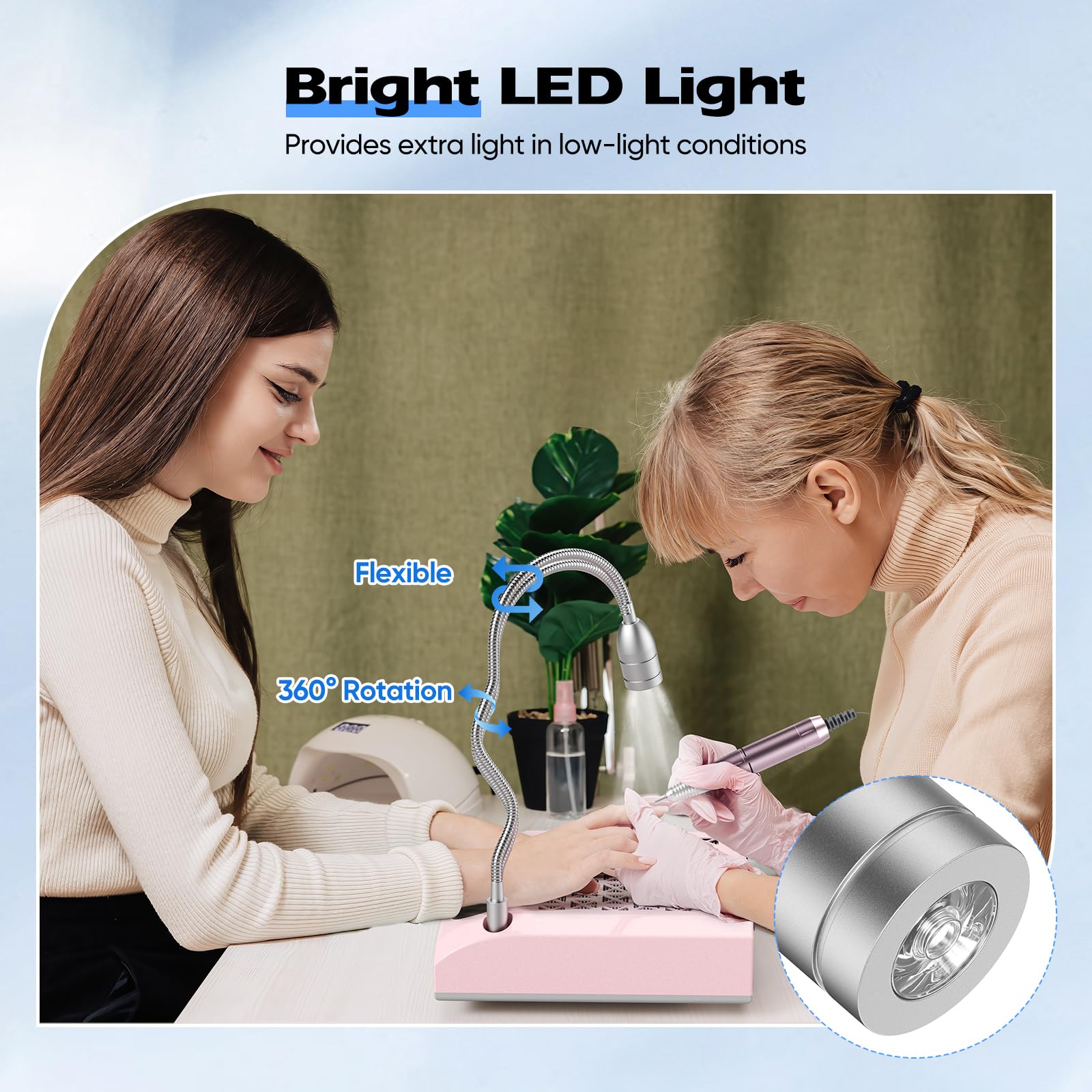 4-in-1 Elektrischer Nagelfräser mit 80W Absaugung & waschbarem Filter – 30.000 RPM Profi Nagelknipser mit 5W LED-Lampe, 3x beidseitigen Halbmondfeilen (Körnung 100/180) für Pediküre (Pink)