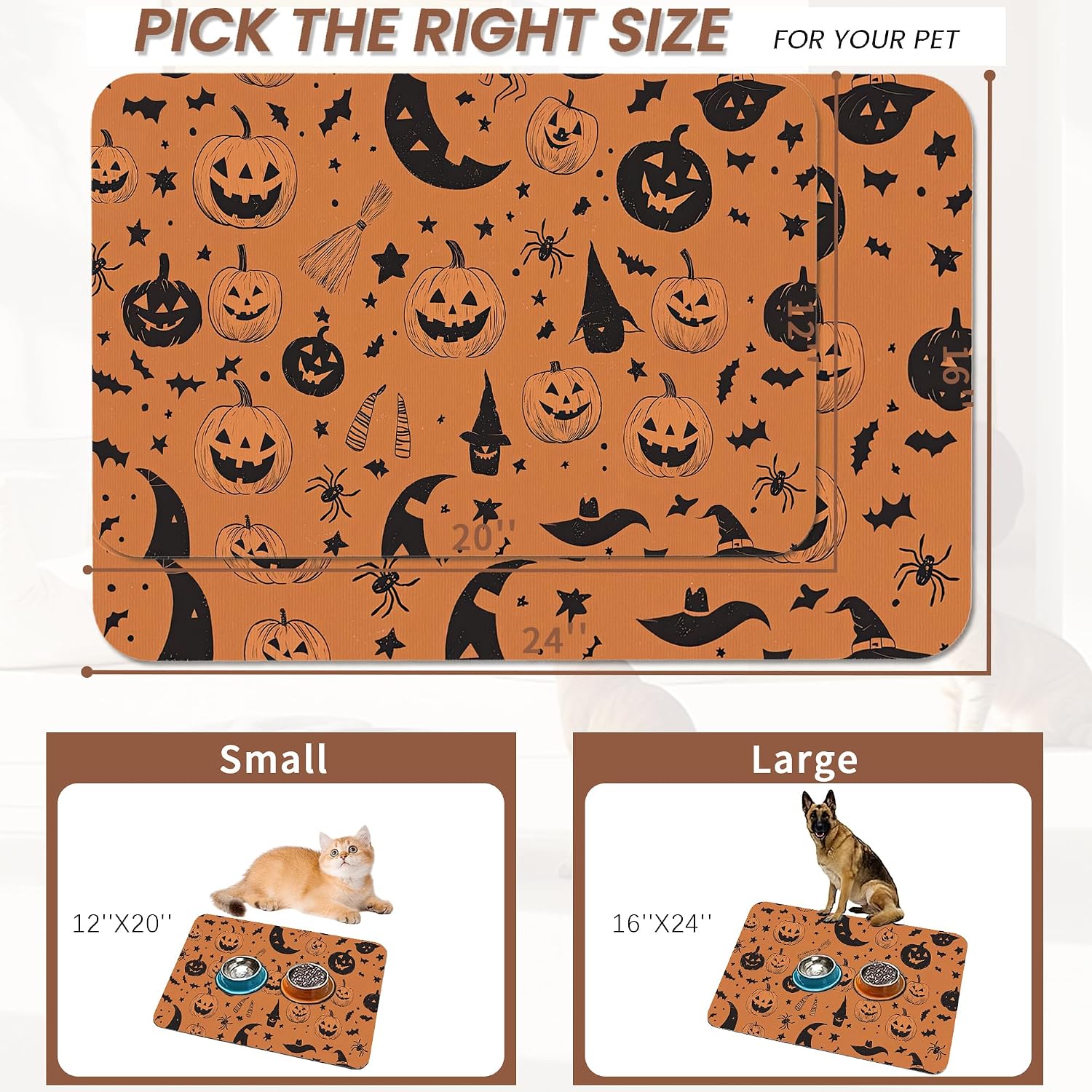 Halloween Dog Food Mat for Floors,Pumpkin Bat Absorbent Quick-Dry Pet Feeding Mat,Cat Dog Bowl Mats for Food and Water,Non-Slip Pet Accessories Supplies 12"x20" image 2