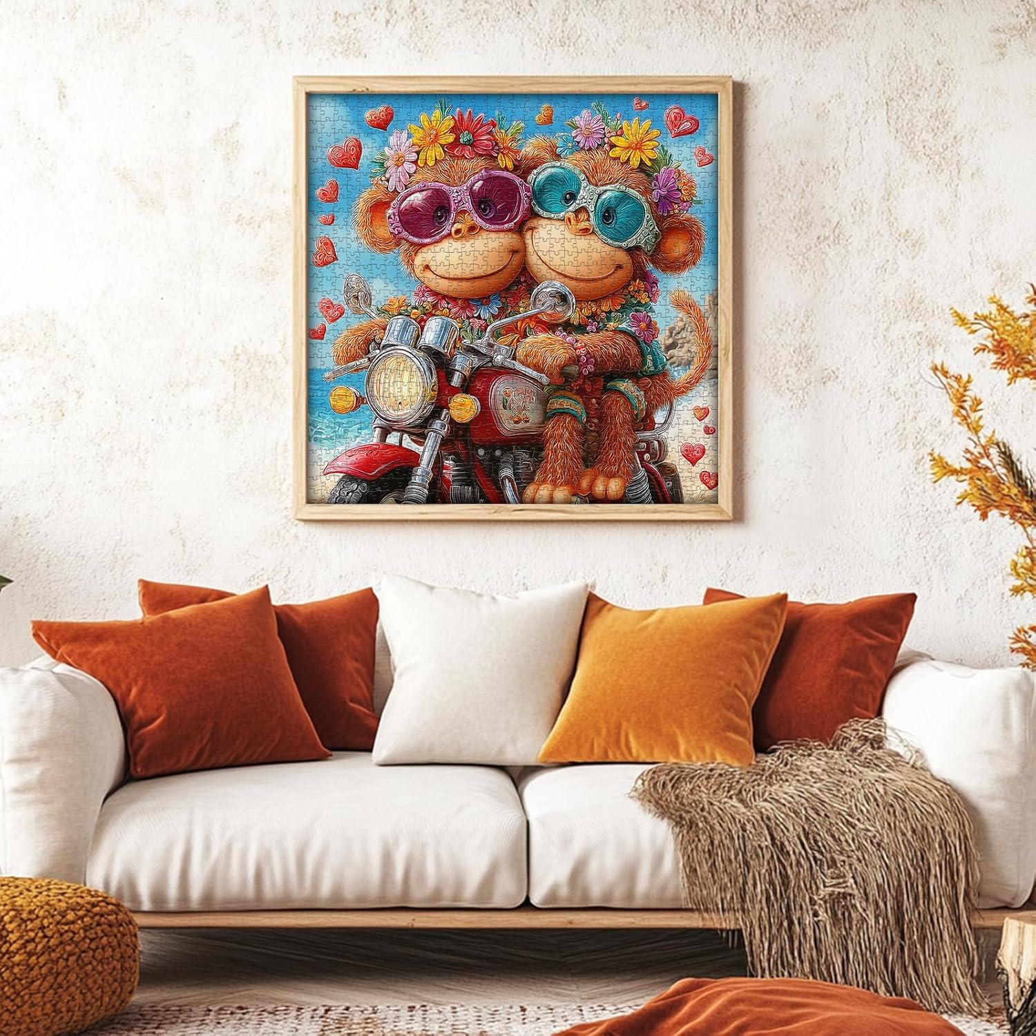 PICKFORU Cute Monkey Jigsaw Puzzles 1000 Pieces, Summer Seaside Motorcycle Puzzles for Adults, Funny Beach Bikers Puzzle