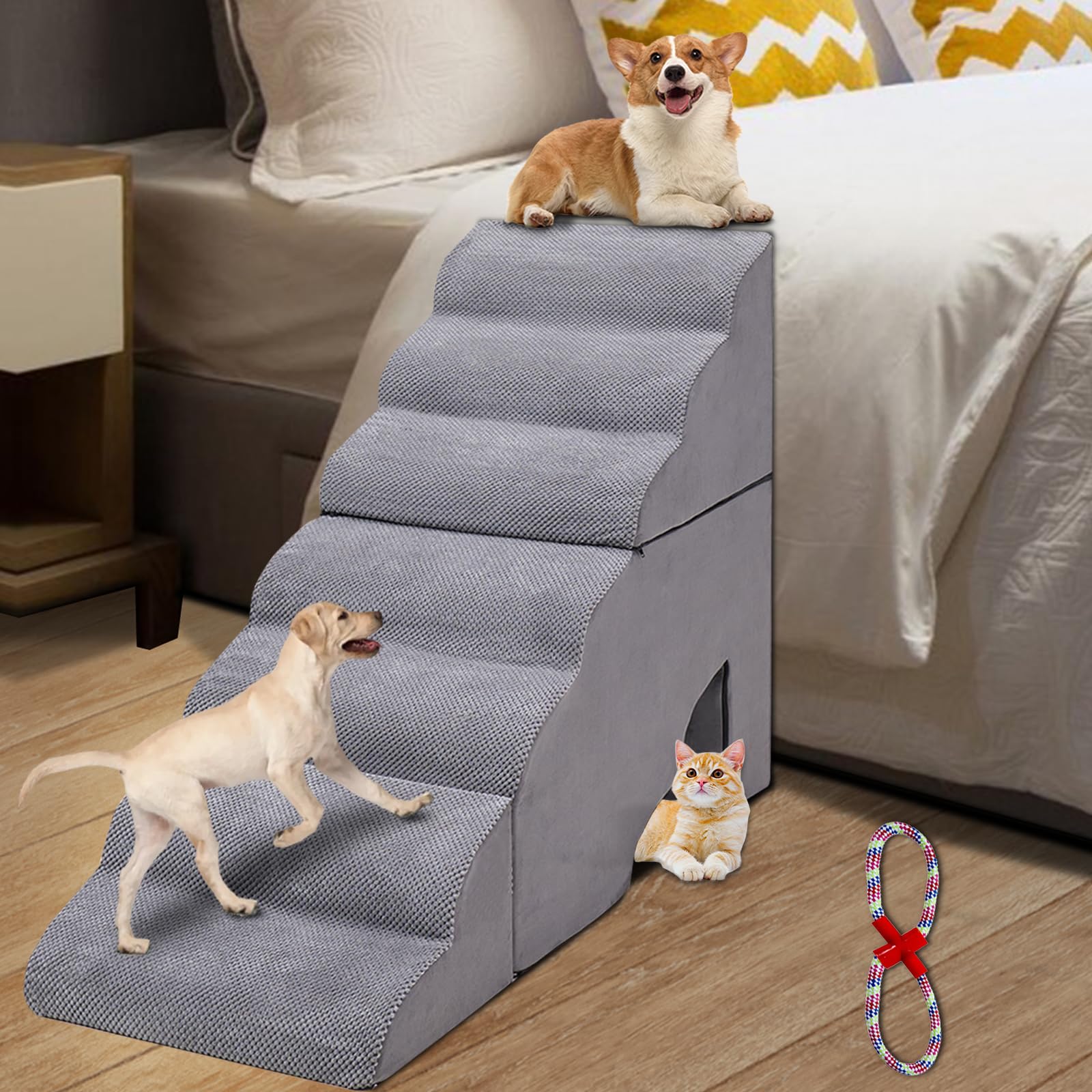LitaiL 33.8" Pet Foam Stairs for High Beds, 30D Density Foam Extra Wide Dog Ramps/Stairs/Ladder for Couch, Small Dogs, Older Cats, Up to 34-38 Inches Tall(7-Tier Grey, 1 Toy)